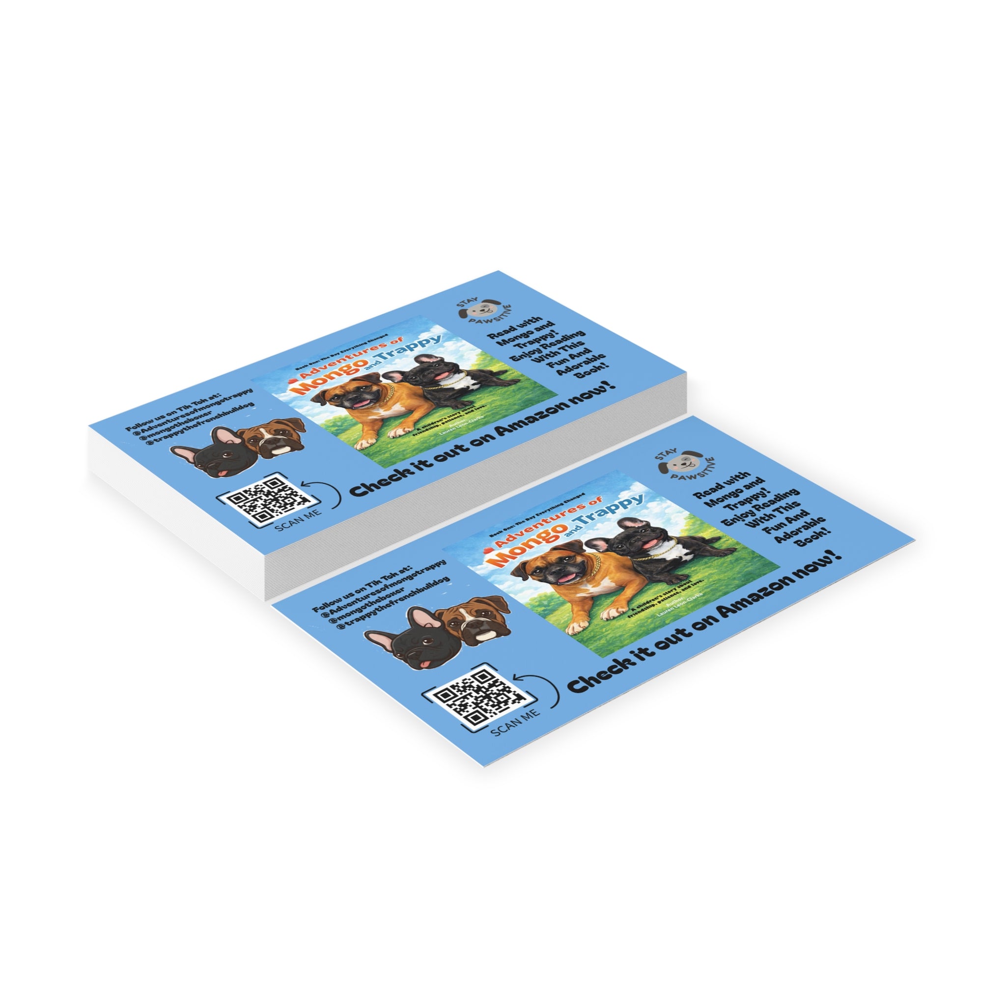 Blue Promotional Business Cards — 'Adventures of Mongo & Trappy' Book Marketing Card with QR Code