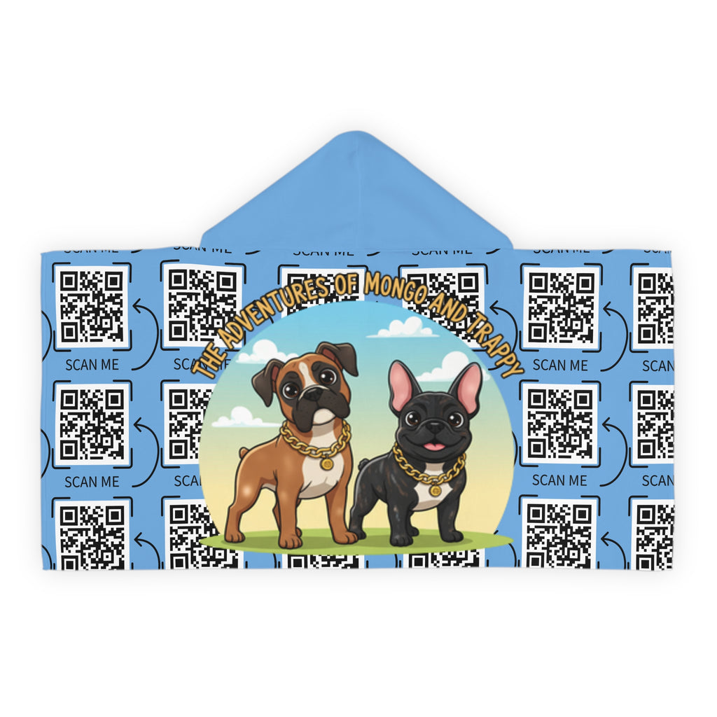 Youth Hooded Towel — "The Adventures of Mongo and Trappy" Cartoon Dogs Beach Towel with QR Code Design