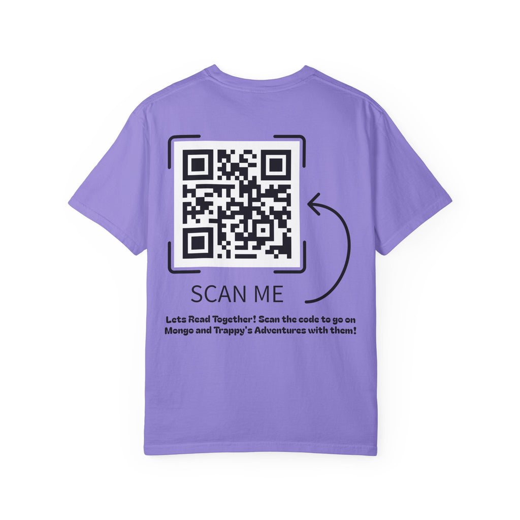 Adventures of Mongo & Trappy T-Shirt — Illustrated Dog Book Cover Tee with QR Code