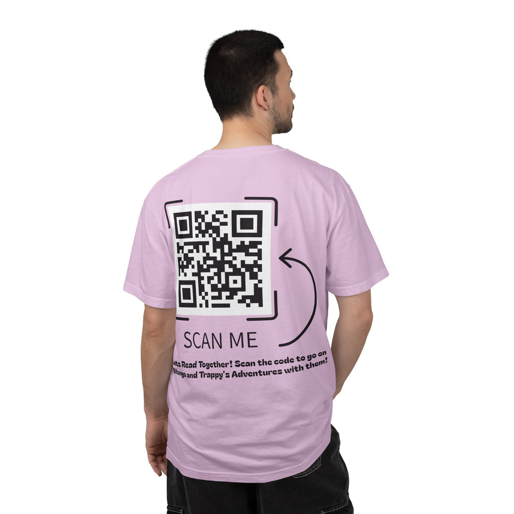 Adventures of Mongo & Trappy T-Shirt — Illustrated Dog Book Cover Tee with QR Code