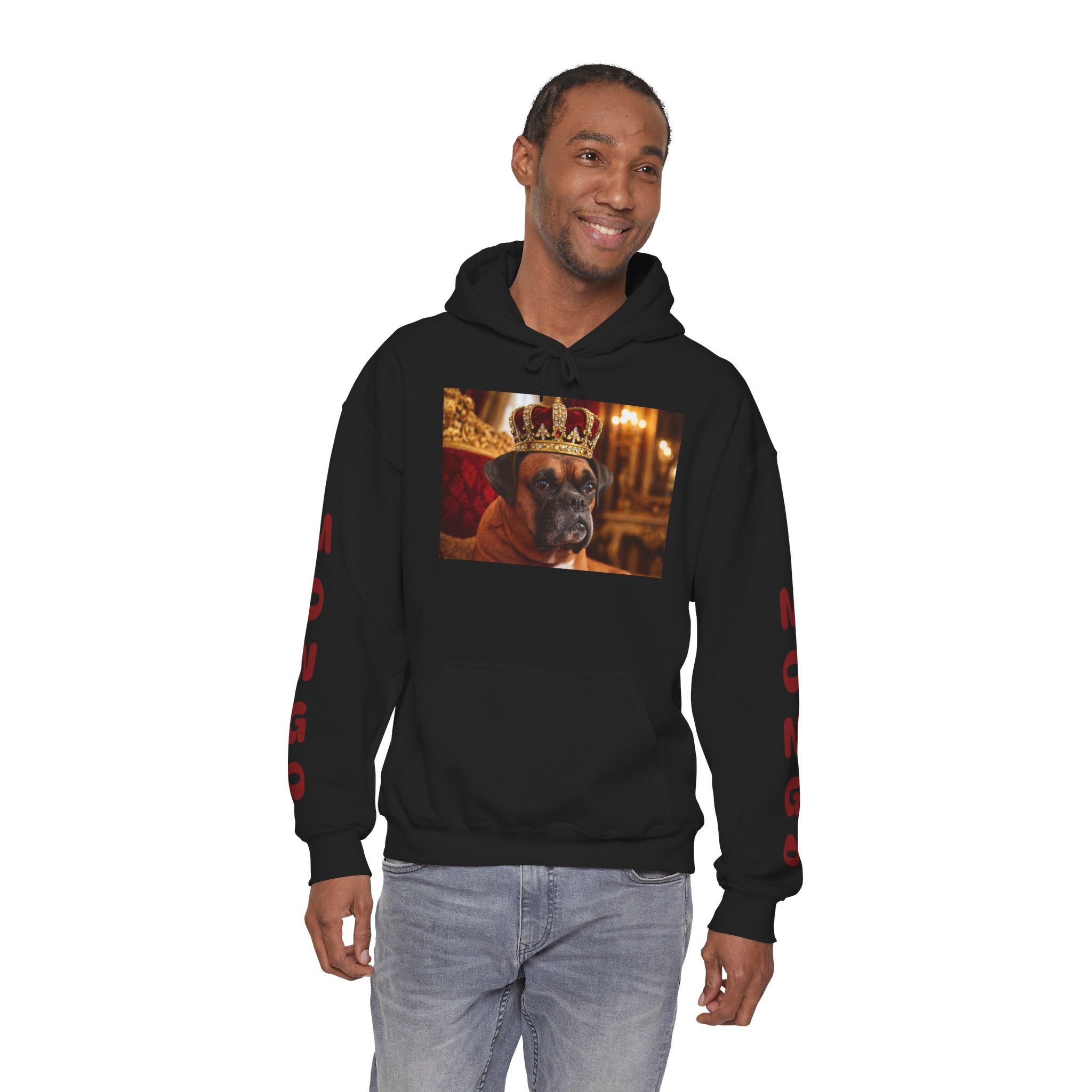 King Mungo Hoodie – Royal Dog Photo Pullover with 'Mungo' Sleeve Text