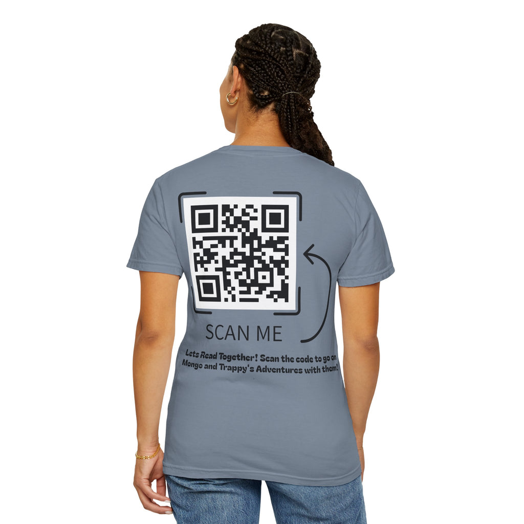 Adventures of Mongo & Trappy T-Shirt — Illustrated Dog Book Cover Tee with QR Code