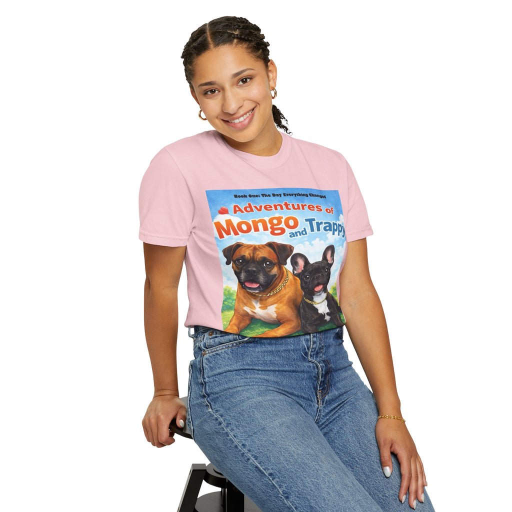 Adventures of Mongo & Trappy T-Shirt — Illustrated Dog Book Cover Tee with QR Code