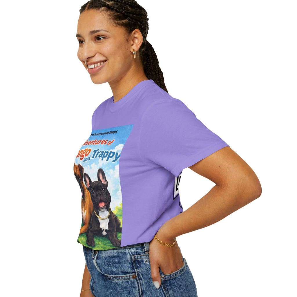 Adventures of Mongo & Trappy T-Shirt — Illustrated Dog Book Cover Tee with QR Code