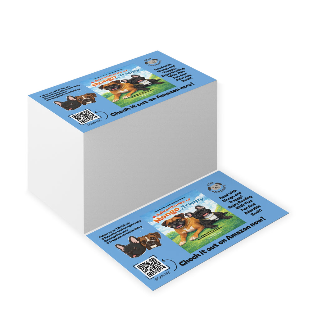 Blue Promotional Business Cards — 'Adventures of Mongo & Trappy' Book Marketing Card with QR Code