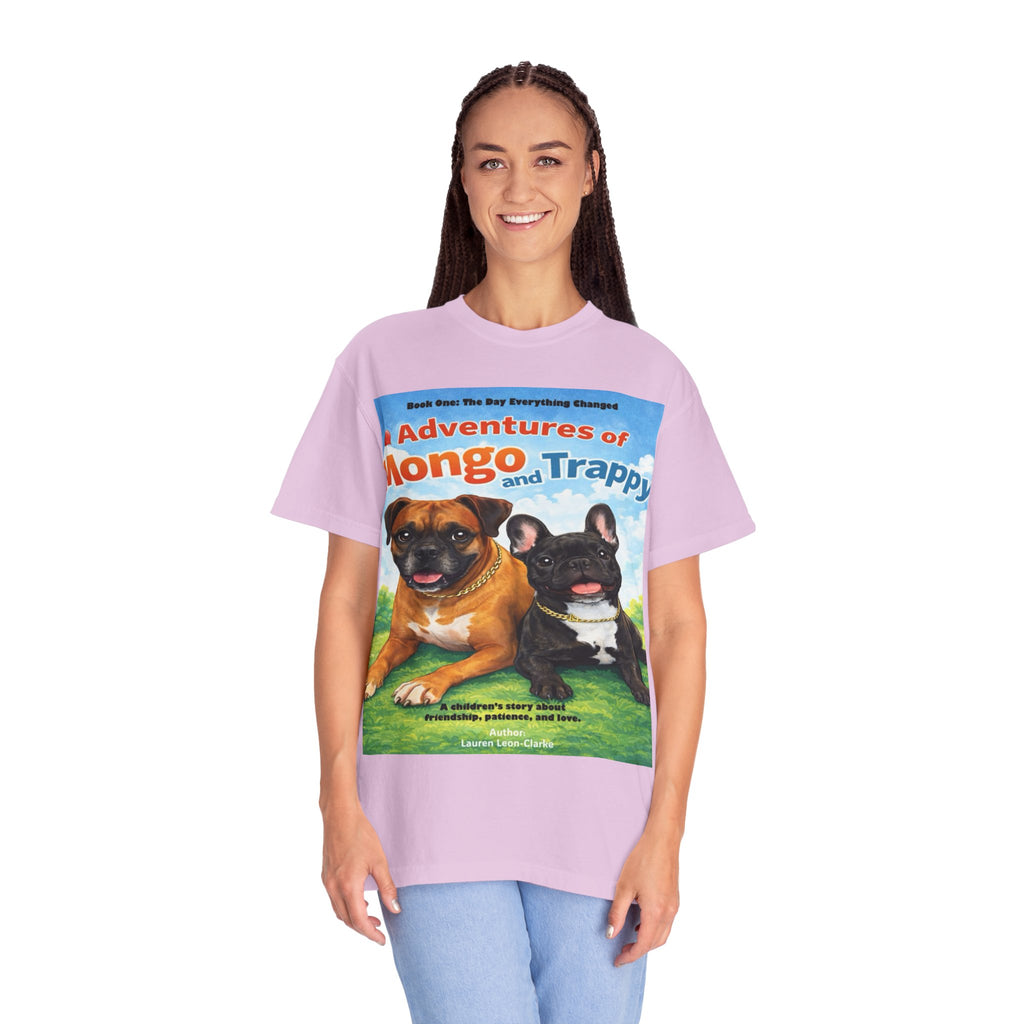 Adventures of Mongo & Trappy T-Shirt — Illustrated Dog Book Cover Tee with QR Code