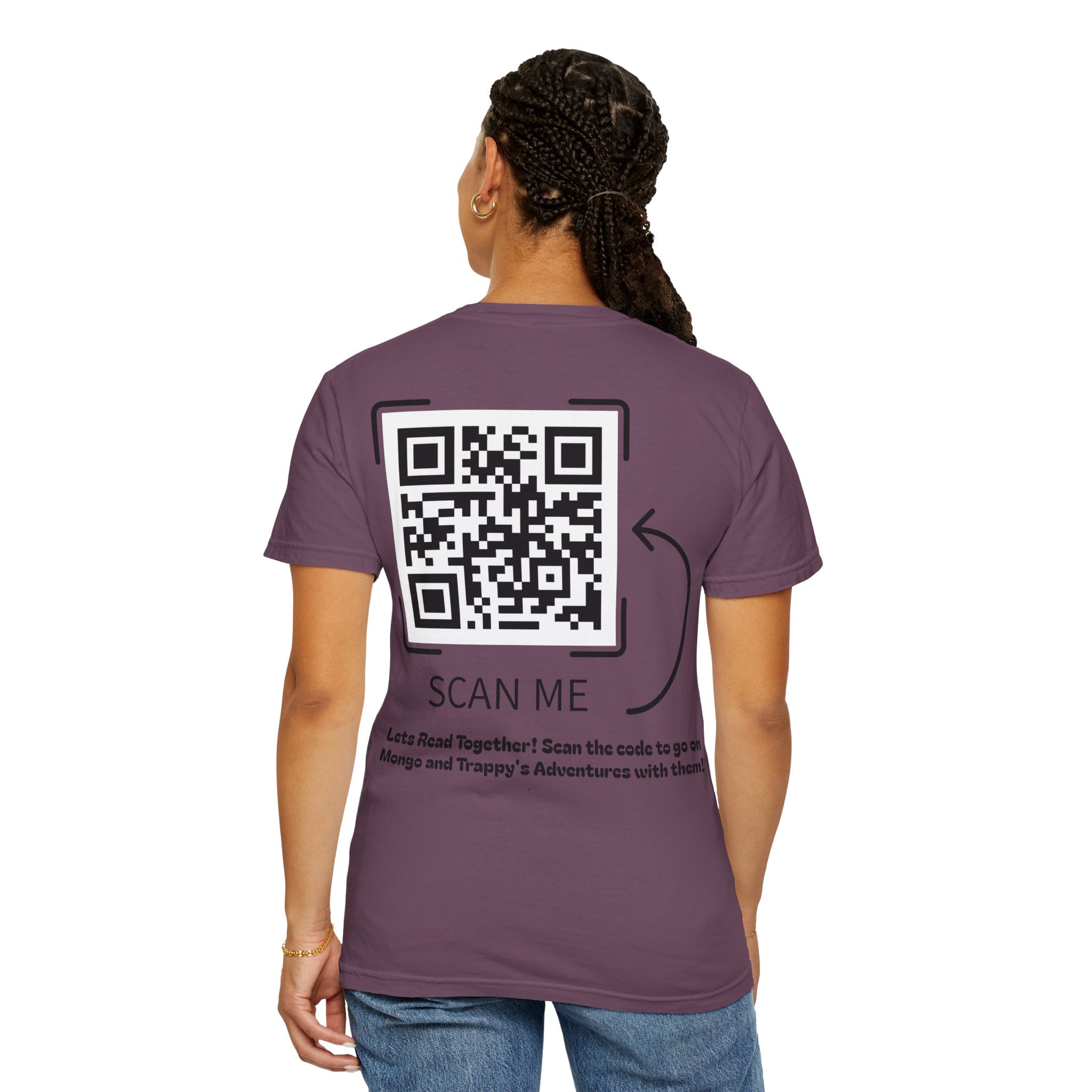 Adventures of Mongo & Trappy T-Shirt — Illustrated Dog Book Cover Tee with QR Code