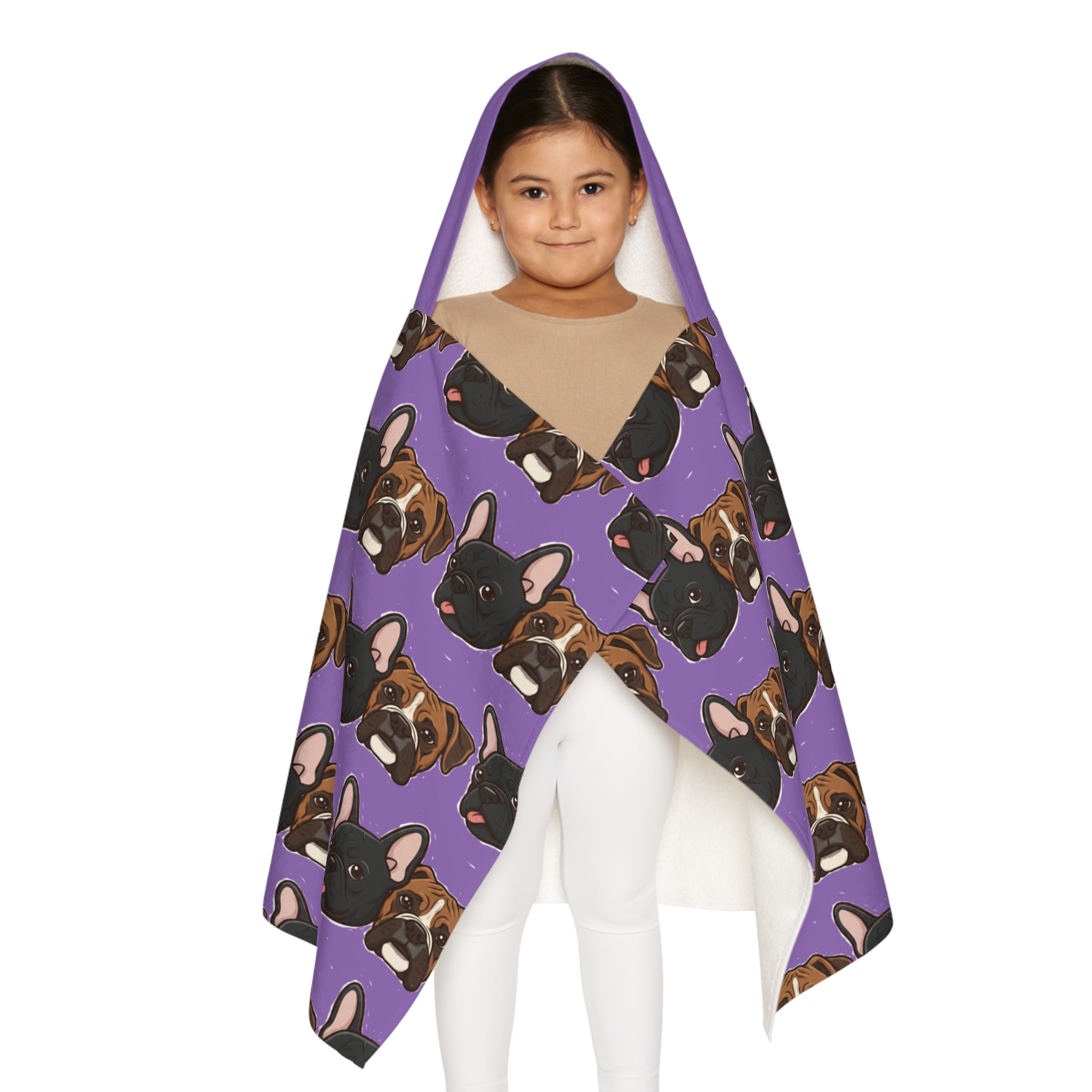 Kids Hooded Beach Towel — Cute French Bulldog Pattern on Purple