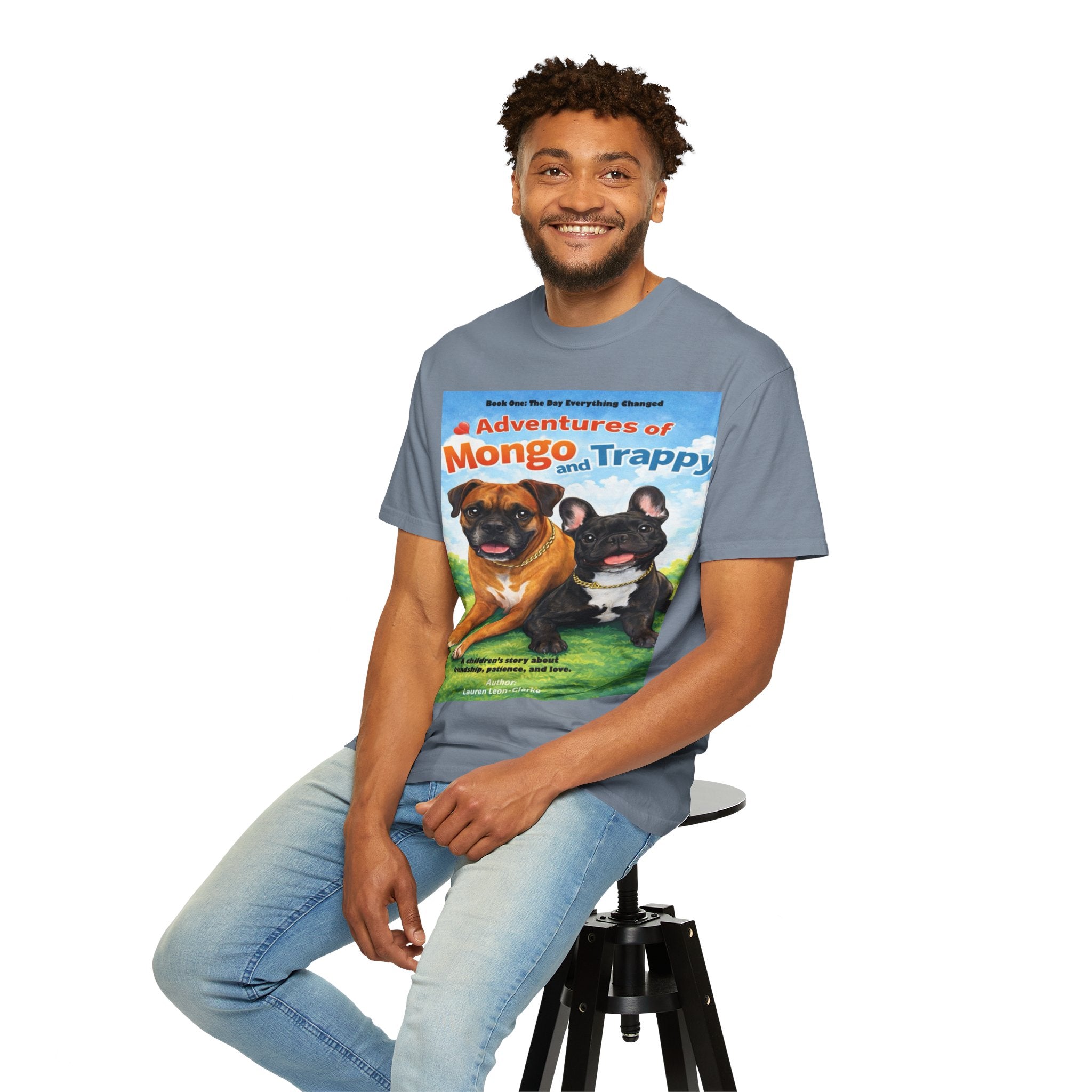 Adventures of Mongo & Trappy T-Shirt — Illustrated Dog Book Cover Tee with QR Code