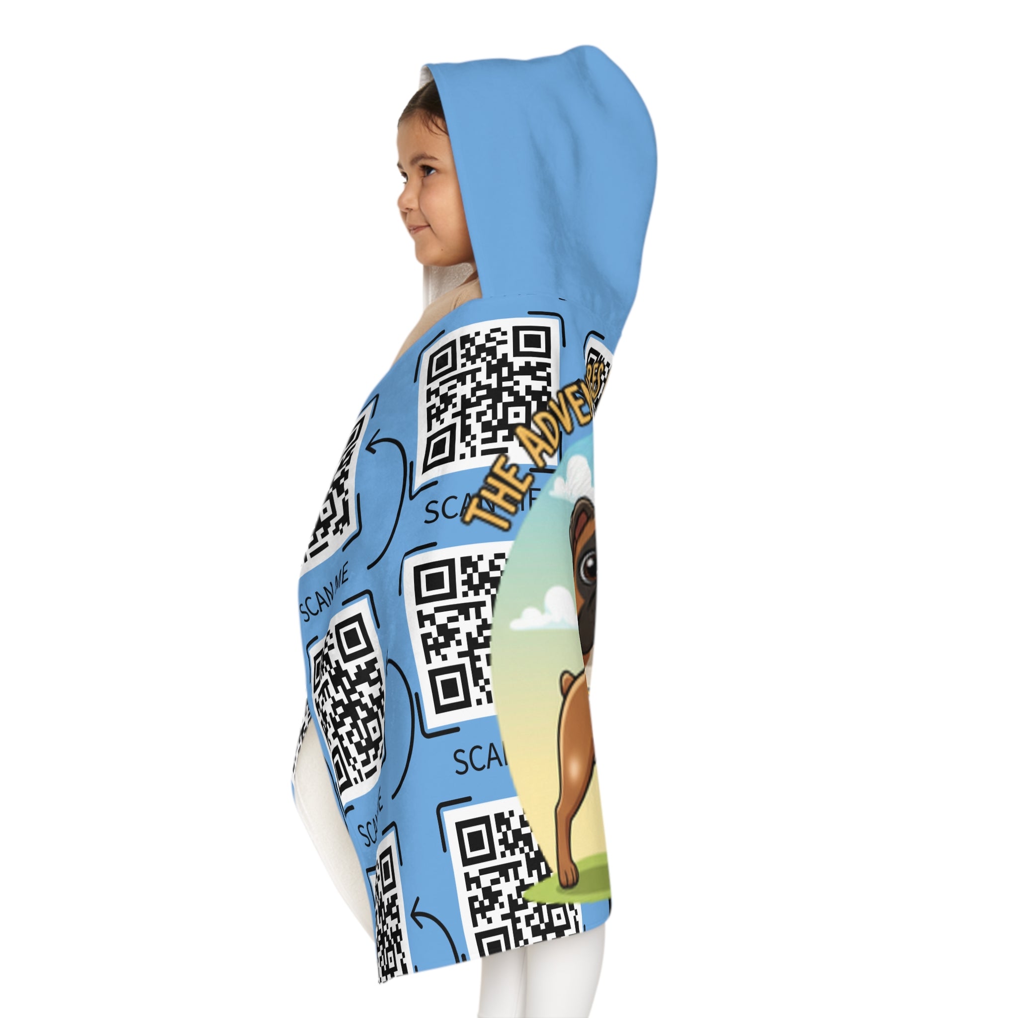 Youth Hooded Towel — "The Adventures of Mongo and Trappy" Cartoon Dogs Beach Towel with QR Code Design