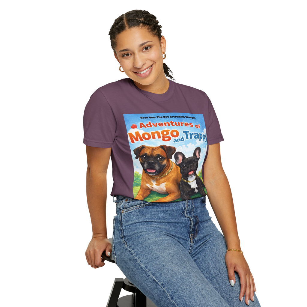 Adventures of Mongo & Trappy T-Shirt — Illustrated Dog Book Cover Tee with QR Code