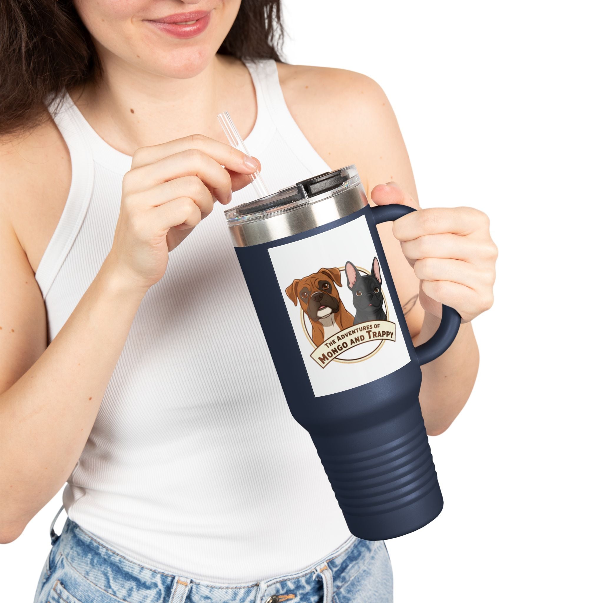 40oz Insulated Travel Mug — "My Adventures with Mongo and Trapper" Dog Portrait Tumbler