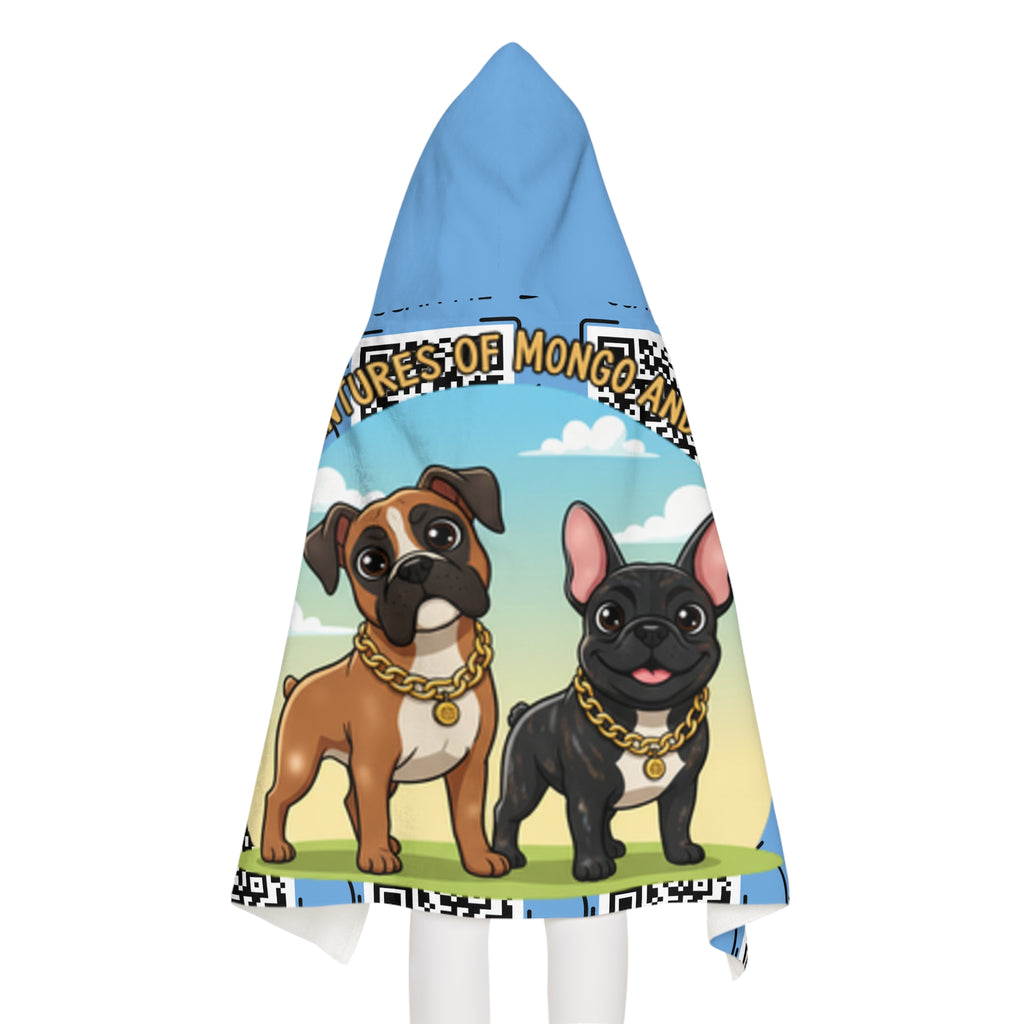 Youth Hooded Towel — "The Adventures of Mongo and Trappy" Cartoon Dogs Beach Towel with QR Code Design