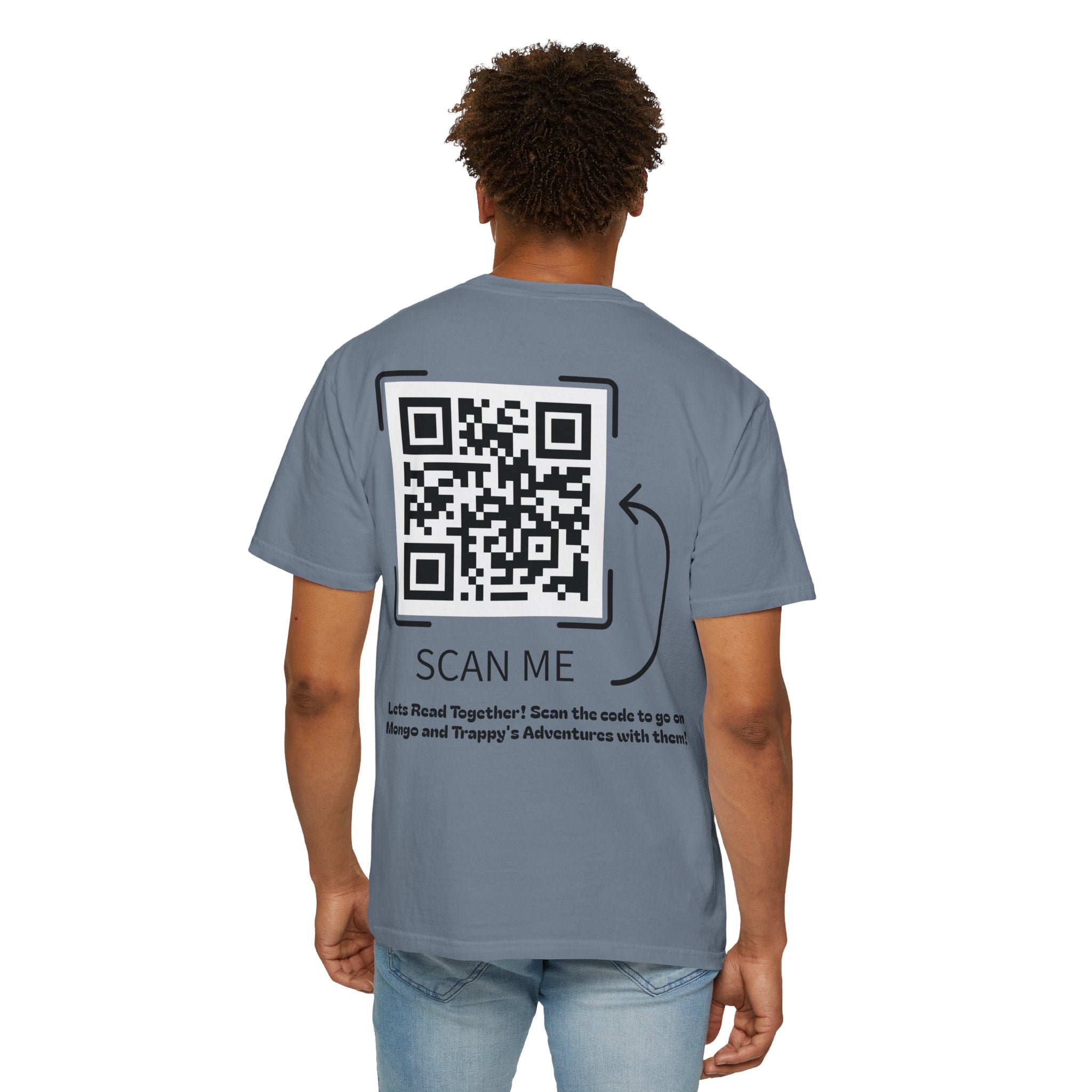Adventures of Mongo & Trappy T-Shirt — Illustrated Dog Book Cover Tee with QR Code