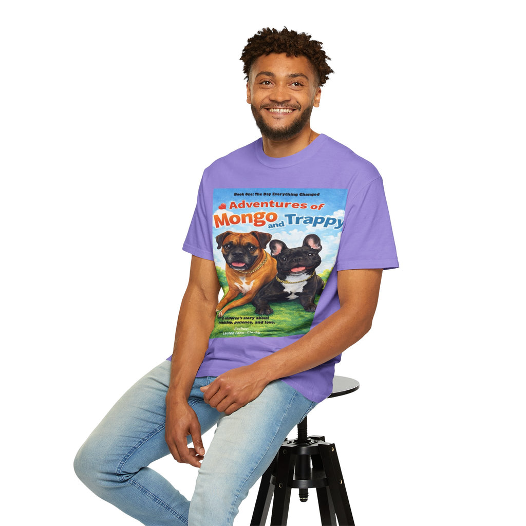 Adventures of Mongo & Trappy T-Shirt — Illustrated Dog Book Cover Tee with QR Code