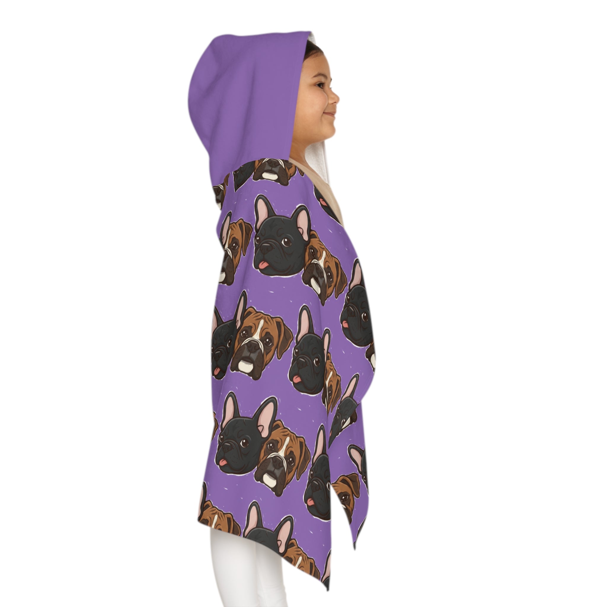 Kids Hooded Beach Towel — Cute French Bulldog Pattern on Purple