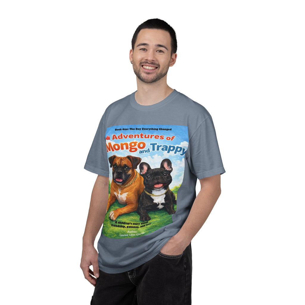 Adventures of Mongo & Trappy T-Shirt — Illustrated Dog Book Cover Tee with QR Code