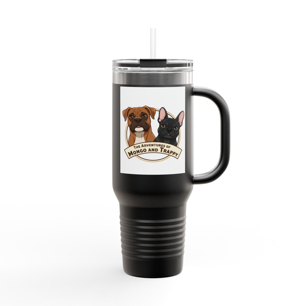 40oz Insulated Travel Mug — "My Adventures with Mongo and Trapper" Dog Portrait Tumbler
