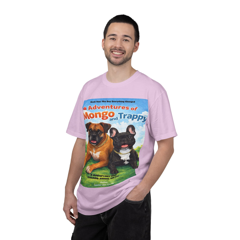 Adventures of Mongo & Trappy T-Shirt — Illustrated Dog Book Cover Tee with QR Code