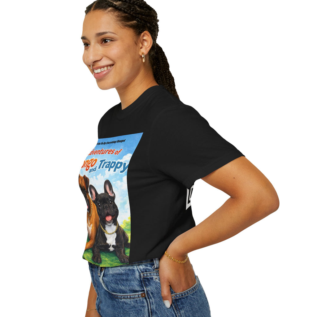 Adventures of Mongo & Trappy T-Shirt — Illustrated Dog Book Cover Tee with QR Code