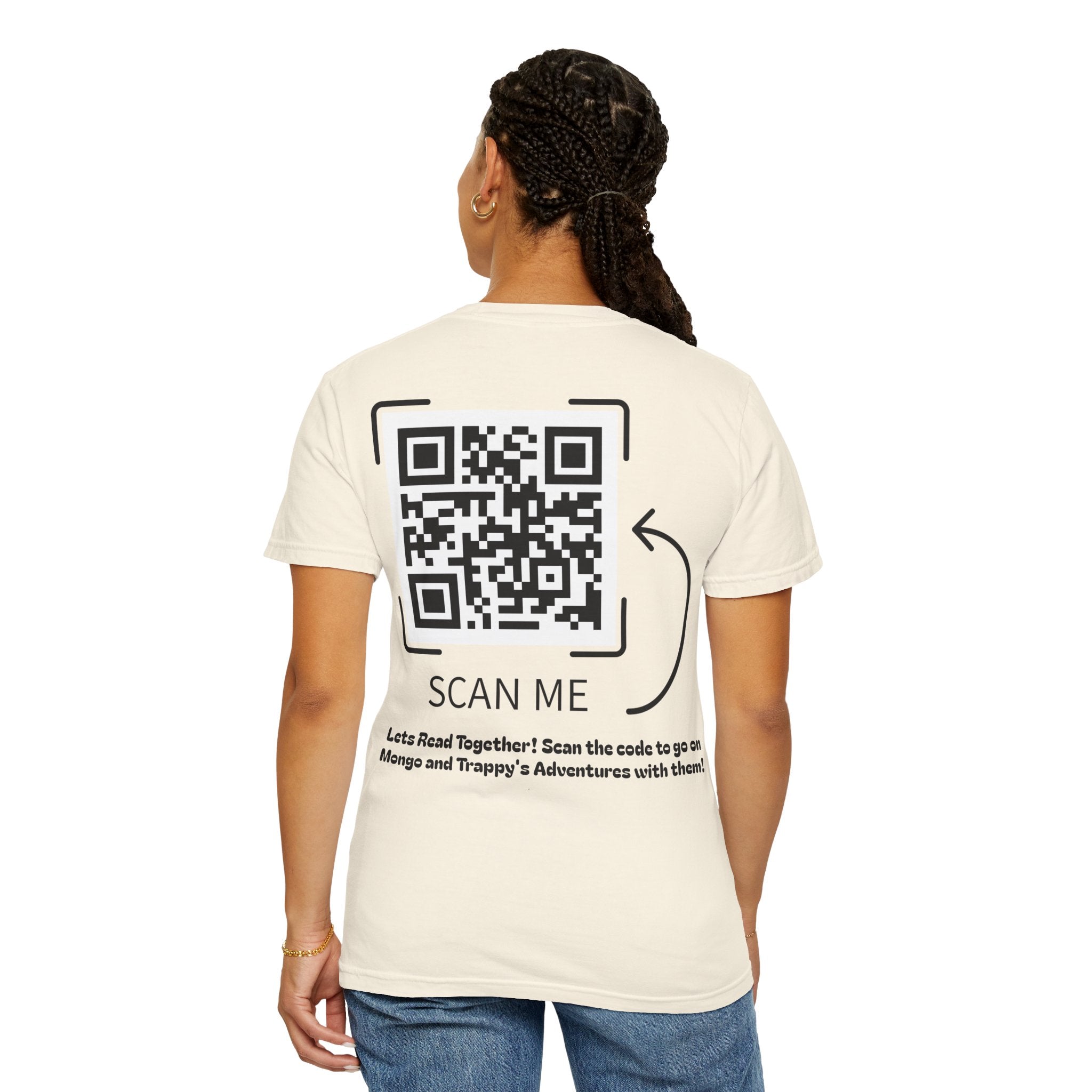 Adventures of Mongo & Trappy T-Shirt — Illustrated Dog Book Cover Tee with QR Code