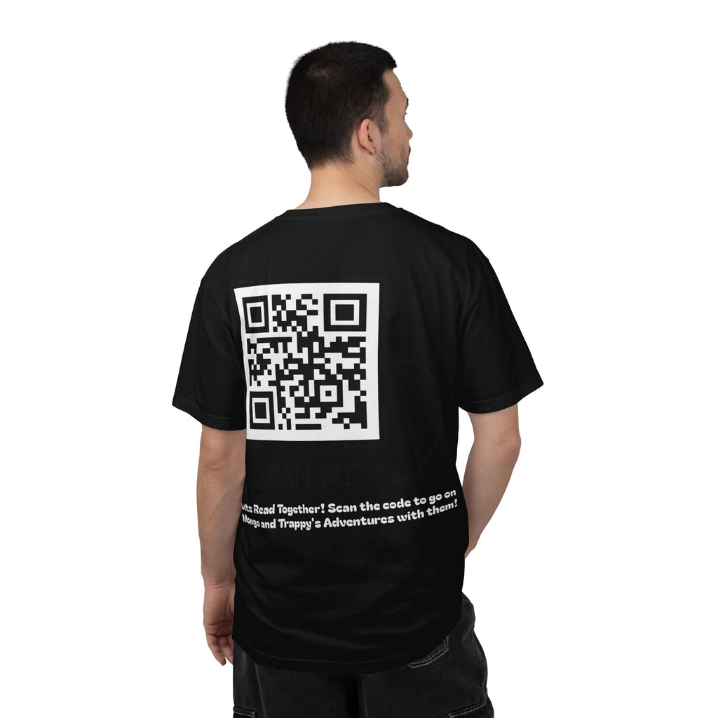 Adventures of Mongo & Trappy T-Shirt — Illustrated Dog Book Cover Tee with QR Code