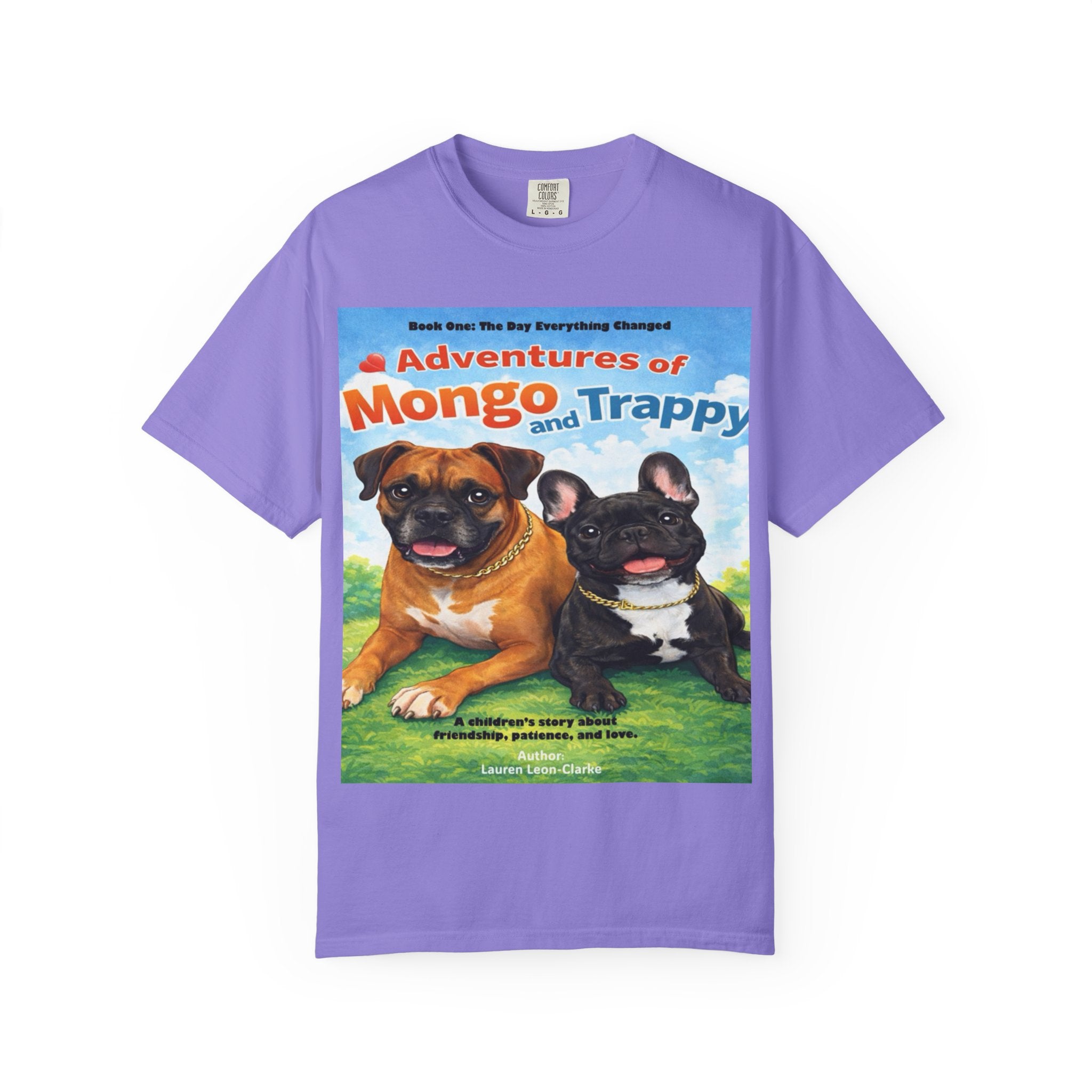 Adventures of Mongo & Trappy T-Shirt — Illustrated Dog Book Cover Tee with QR Code