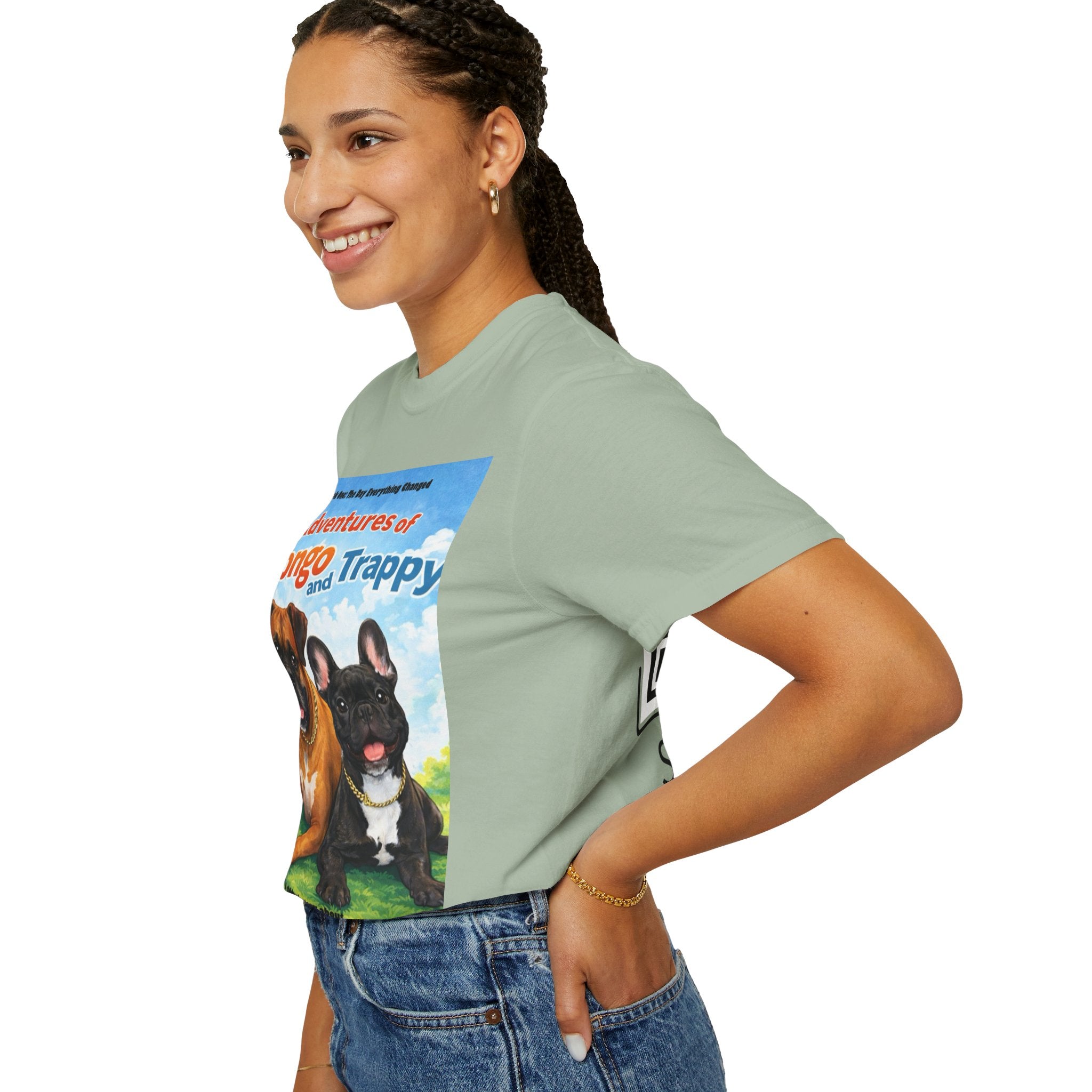 Adventures of Mongo & Trappy T-Shirt — Illustrated Dog Book Cover Tee with QR Code