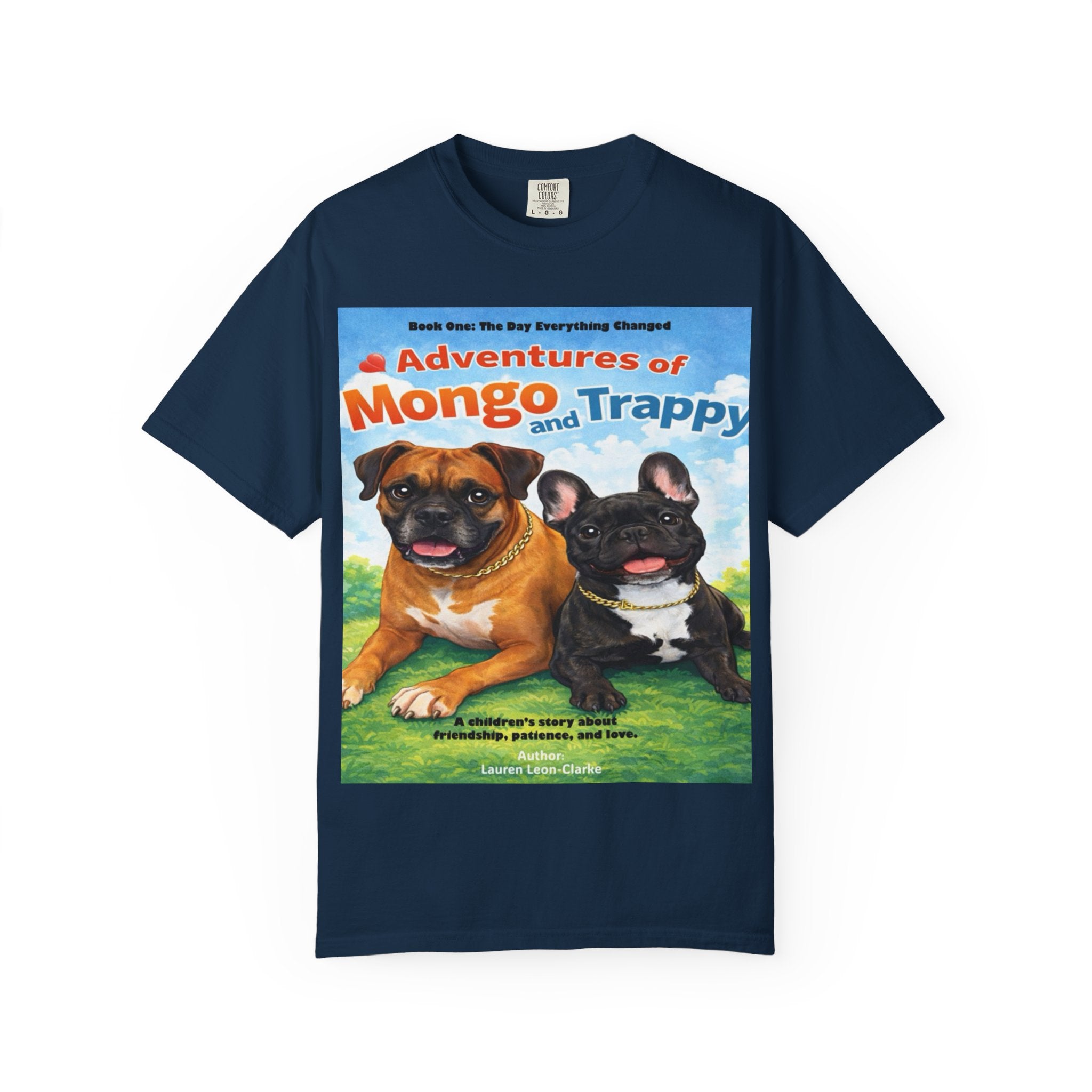 Adventures of Mongo & Trappy T-Shirt — Illustrated Dog Book Cover Tee with QR Code