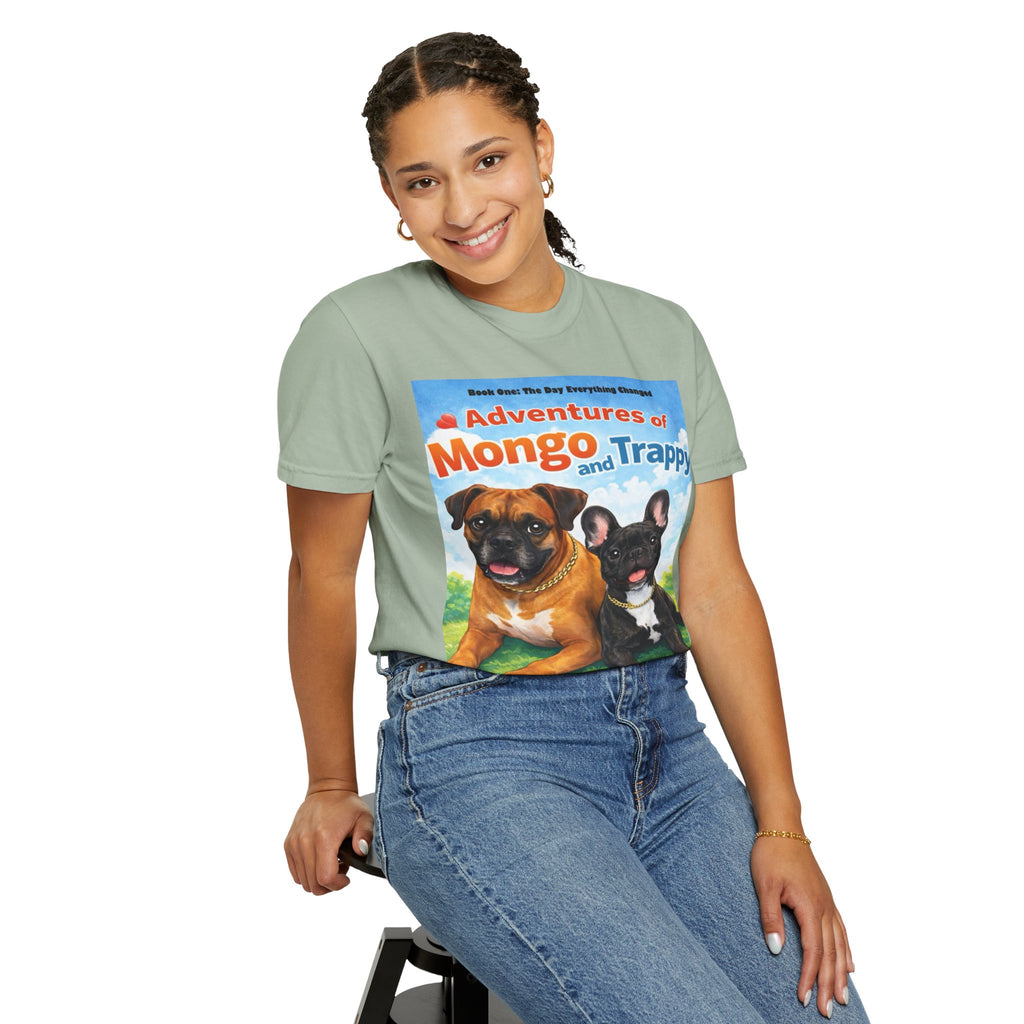 Adventures of Mongo & Trappy T-Shirt — Illustrated Dog Book Cover Tee with QR Code