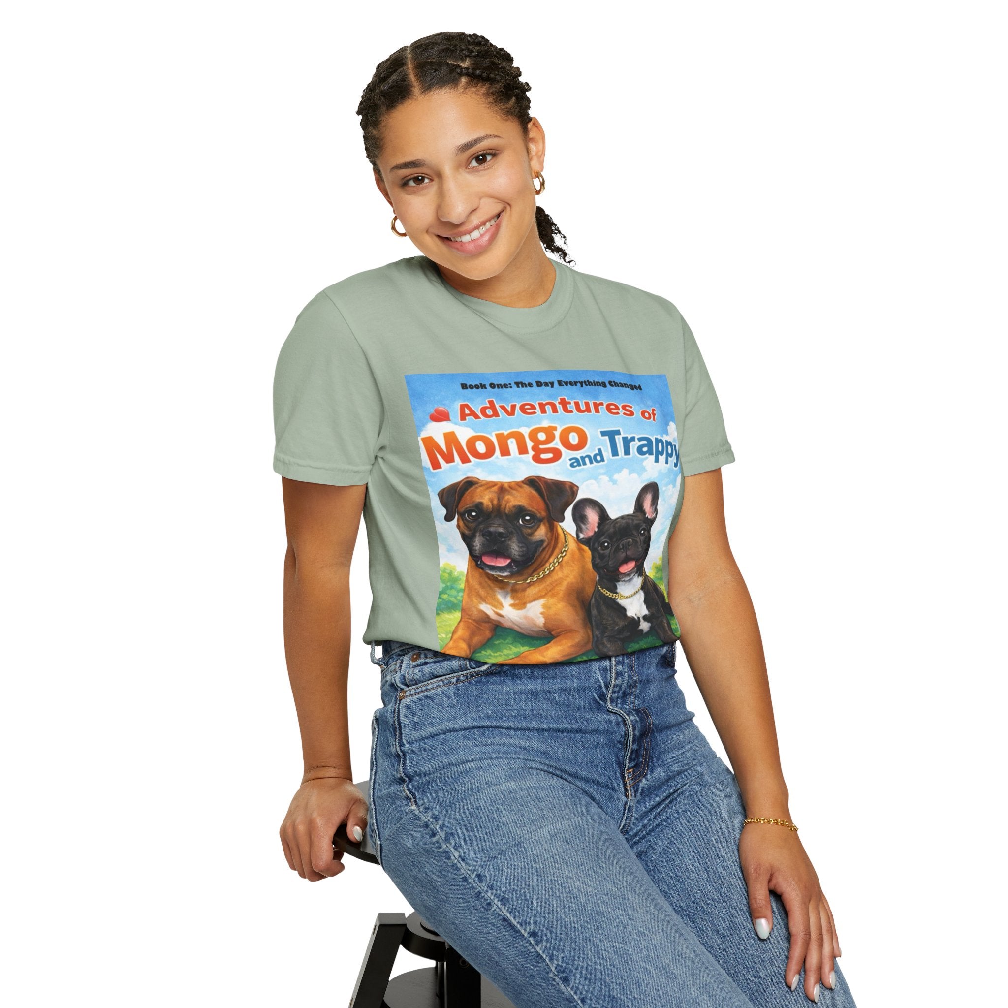 Adventures of Mongo & Trappy T-Shirt — Illustrated Dog Book Cover Tee with QR Code