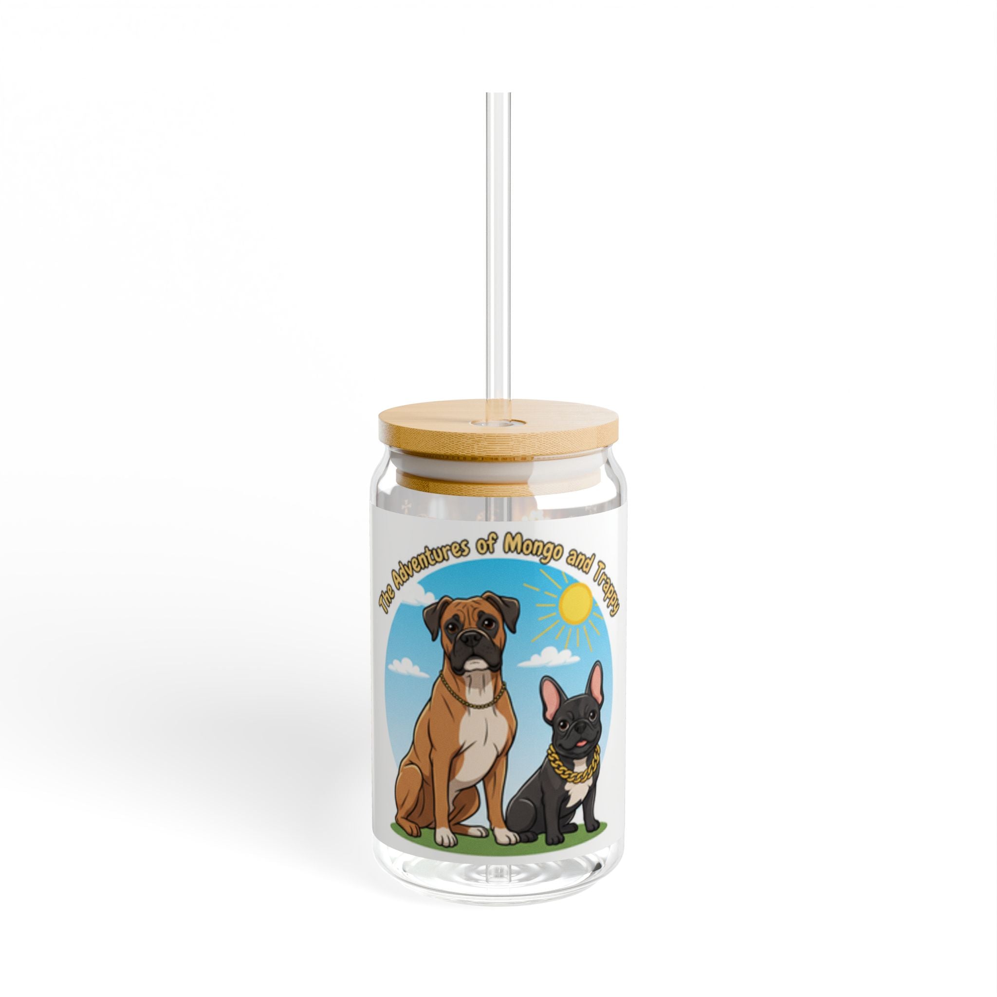 Dog Lover Sipper Glass 16oz — Cute Boxer & Frenchie Illustration Travel Cup
