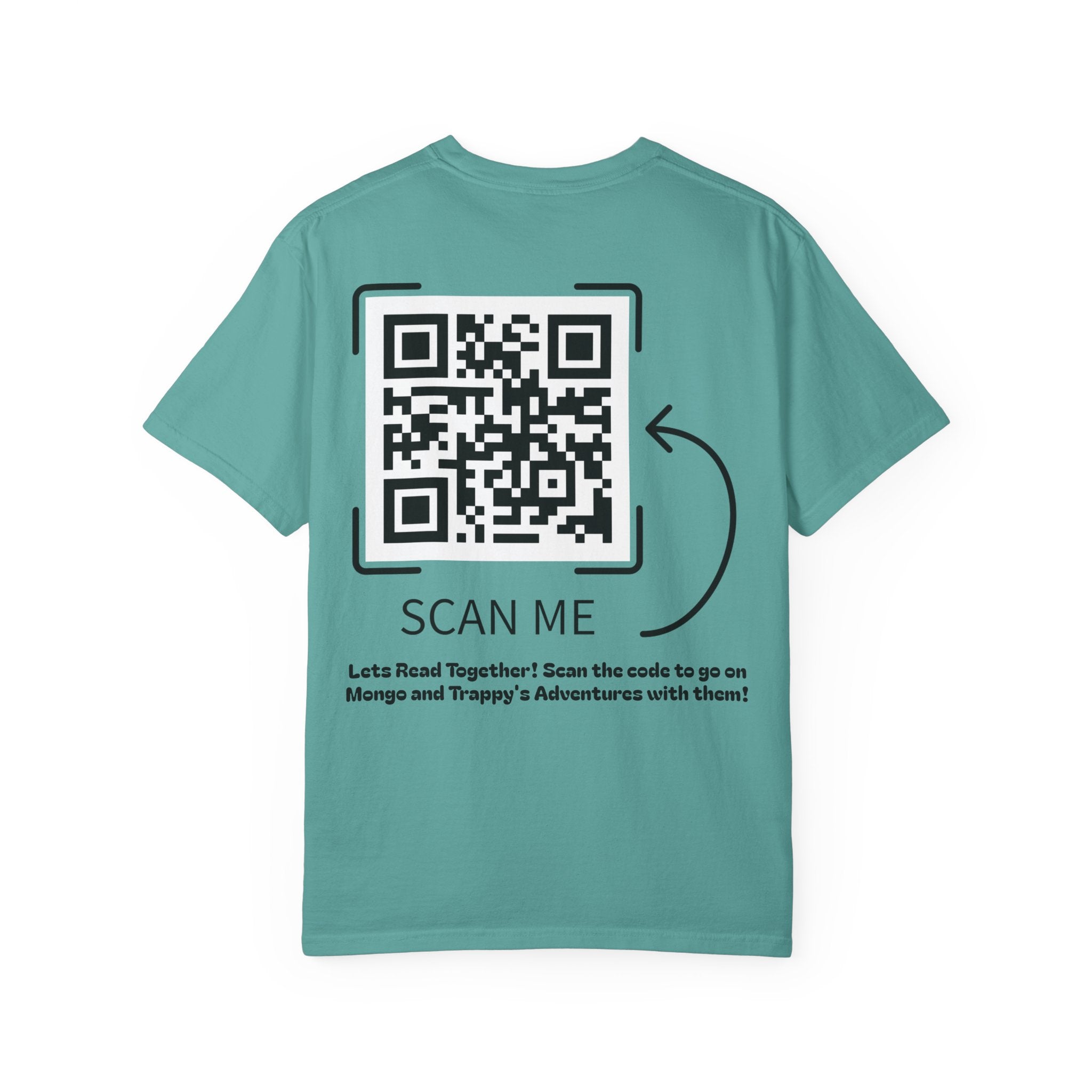 Adventures of Mongo & Trappy T-Shirt — Illustrated Dog Book Cover Tee with QR Code