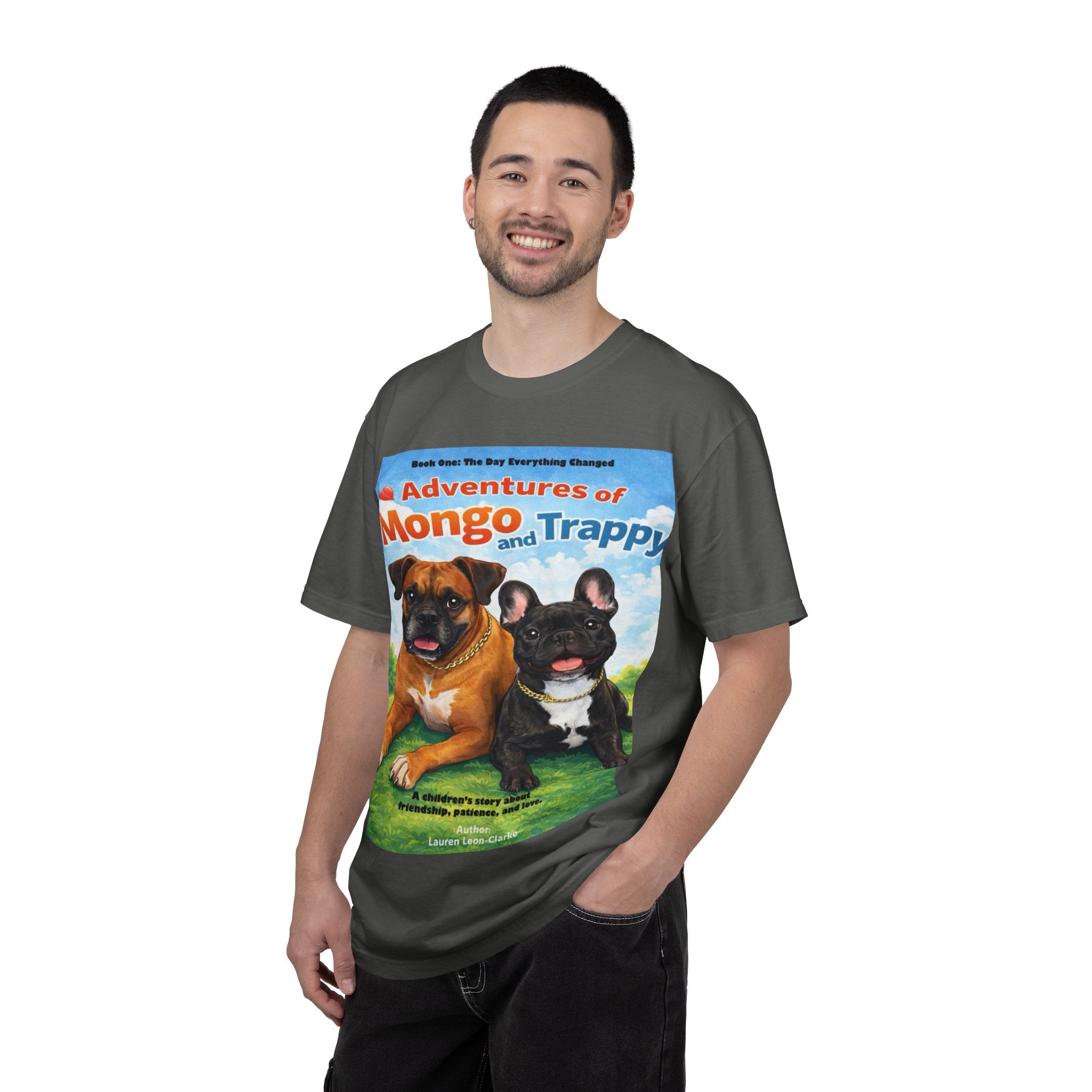 Adventures of Mongo & Trappy T-Shirt — Illustrated Dog Book Cover Tee with QR Code