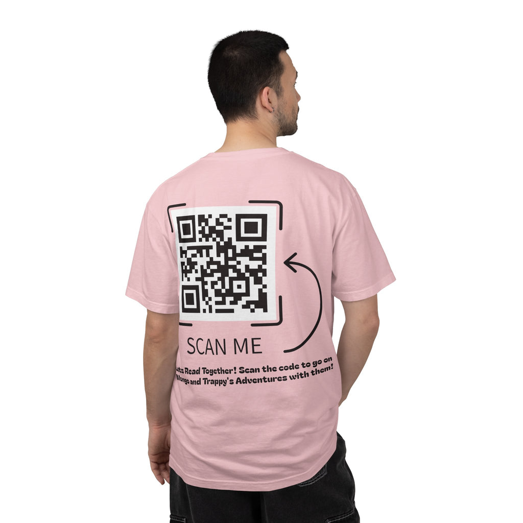 Adventures of Mongo & Trappy T-Shirt — Illustrated Dog Book Cover Tee with QR Code