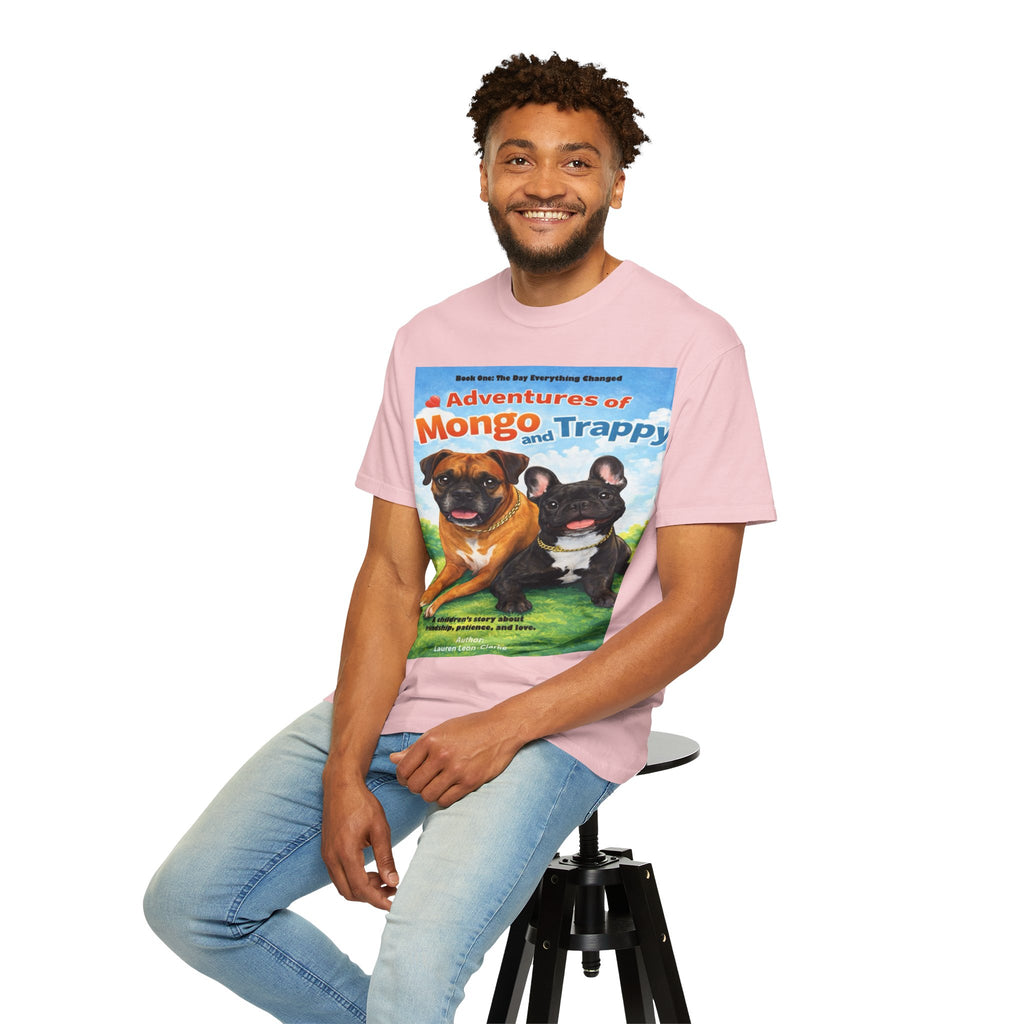 Adventures of Mongo & Trappy T-Shirt — Illustrated Dog Book Cover Tee with QR Code