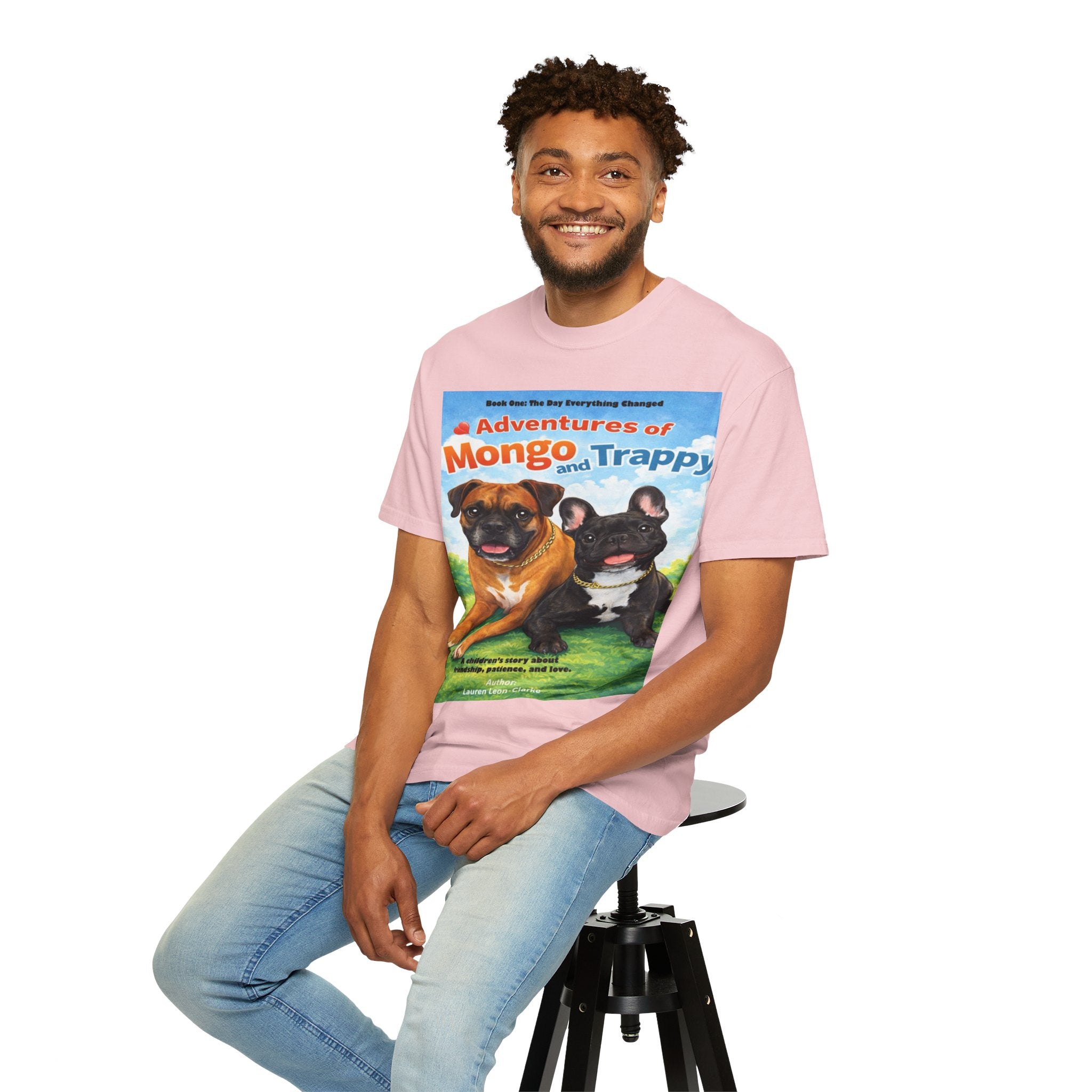Adventures of Mongo & Trappy T-Shirt — Illustrated Dog Book Cover Tee with QR Code
