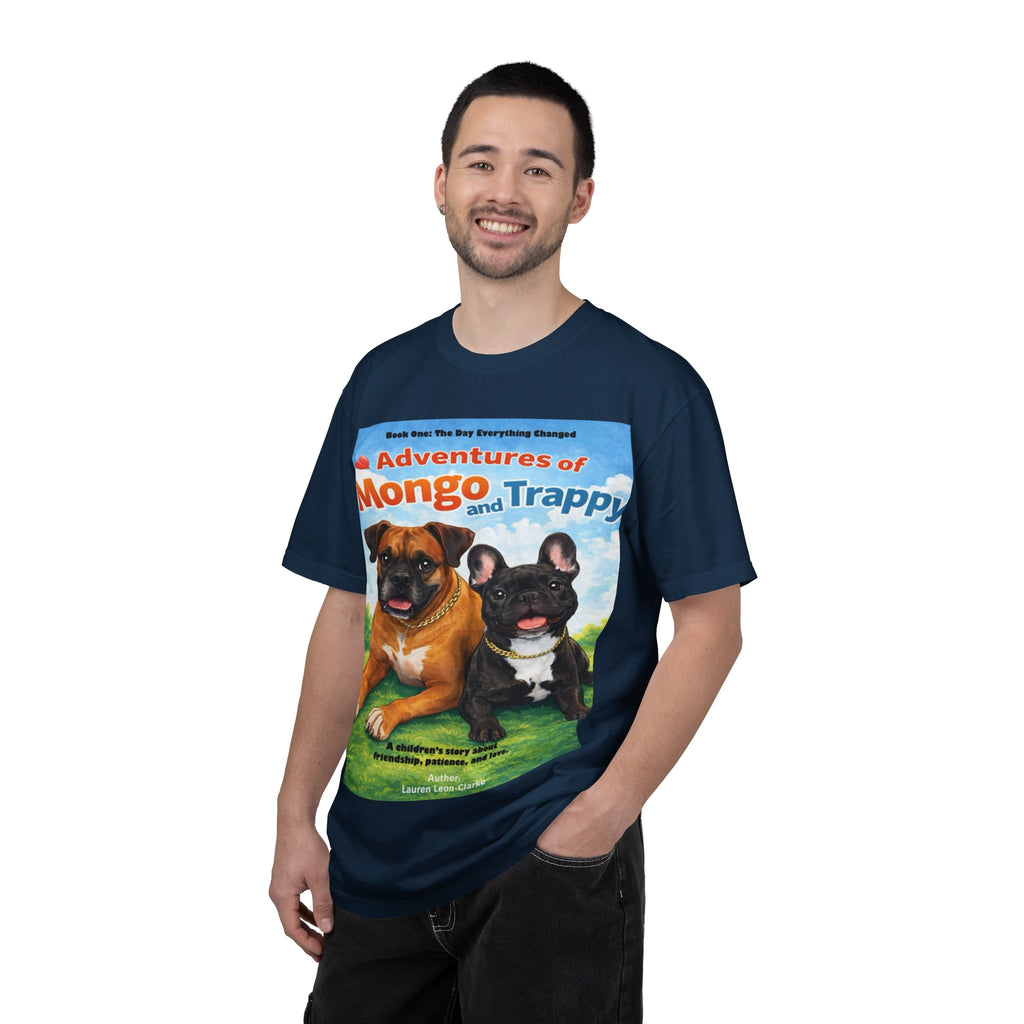 Adventures of Mongo & Trappy T-Shirt — Illustrated Dog Book Cover Tee with QR Code