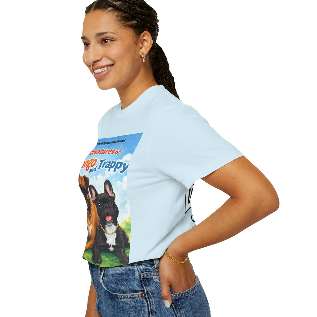 Adventures of Mongo & Trappy T-Shirt — Illustrated Dog Book Cover Tee with QR Code