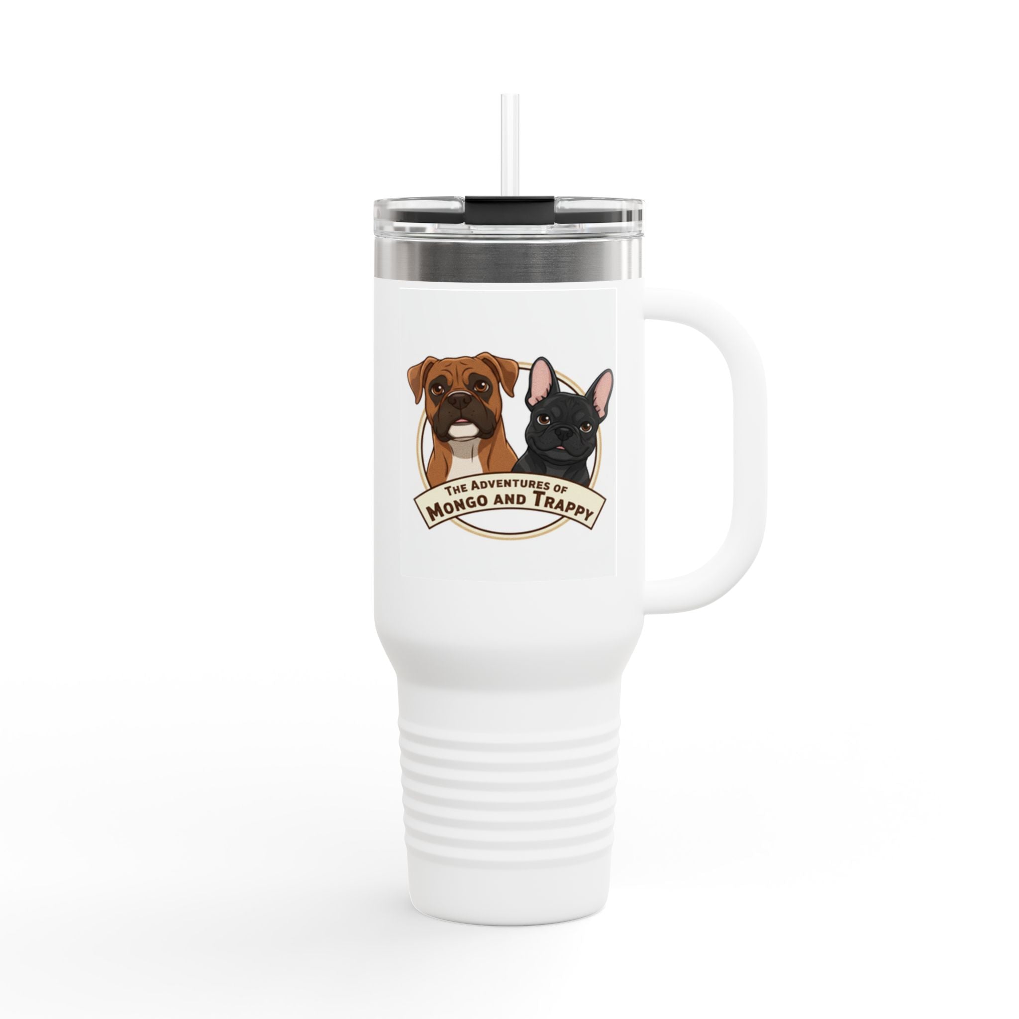 40oz Insulated Travel Mug — "My Adventures with Mongo and Trapper" Dog Portrait Tumbler