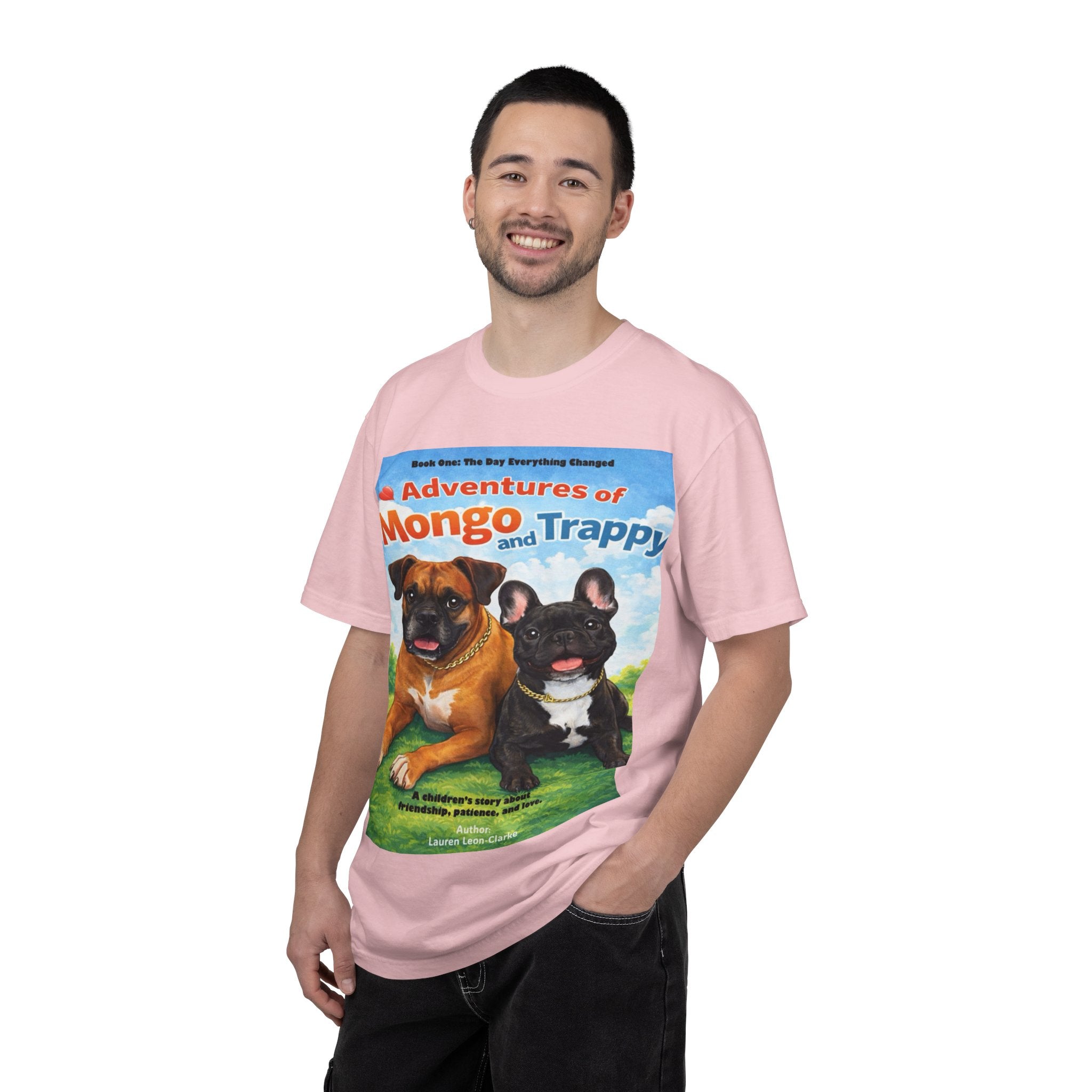 Adventures of Mongo & Trappy T-Shirt — Illustrated Dog Book Cover Tee with QR Code