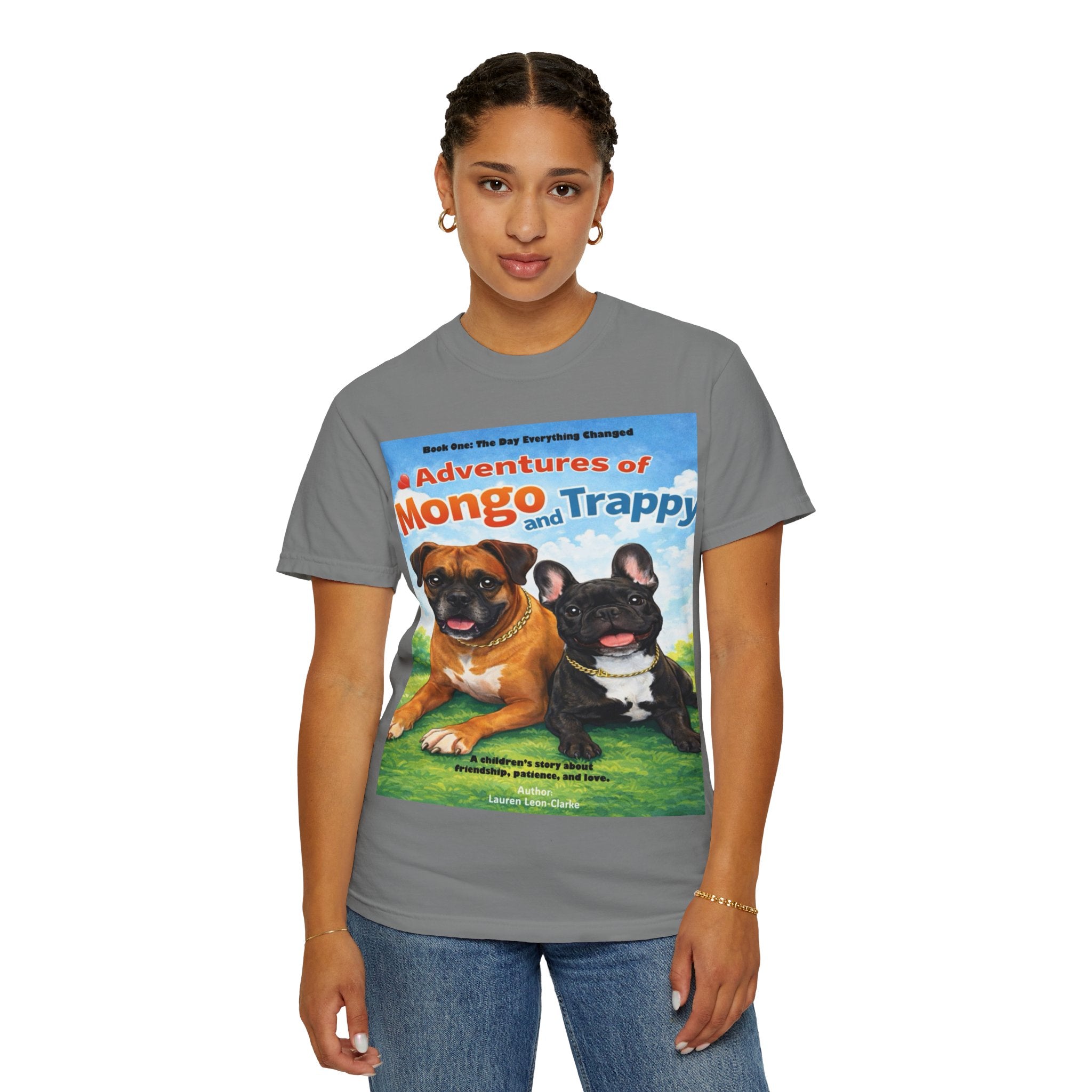 Adventures of Mongo & Trappy T-Shirt — Illustrated Dog Book Cover Tee with QR Code