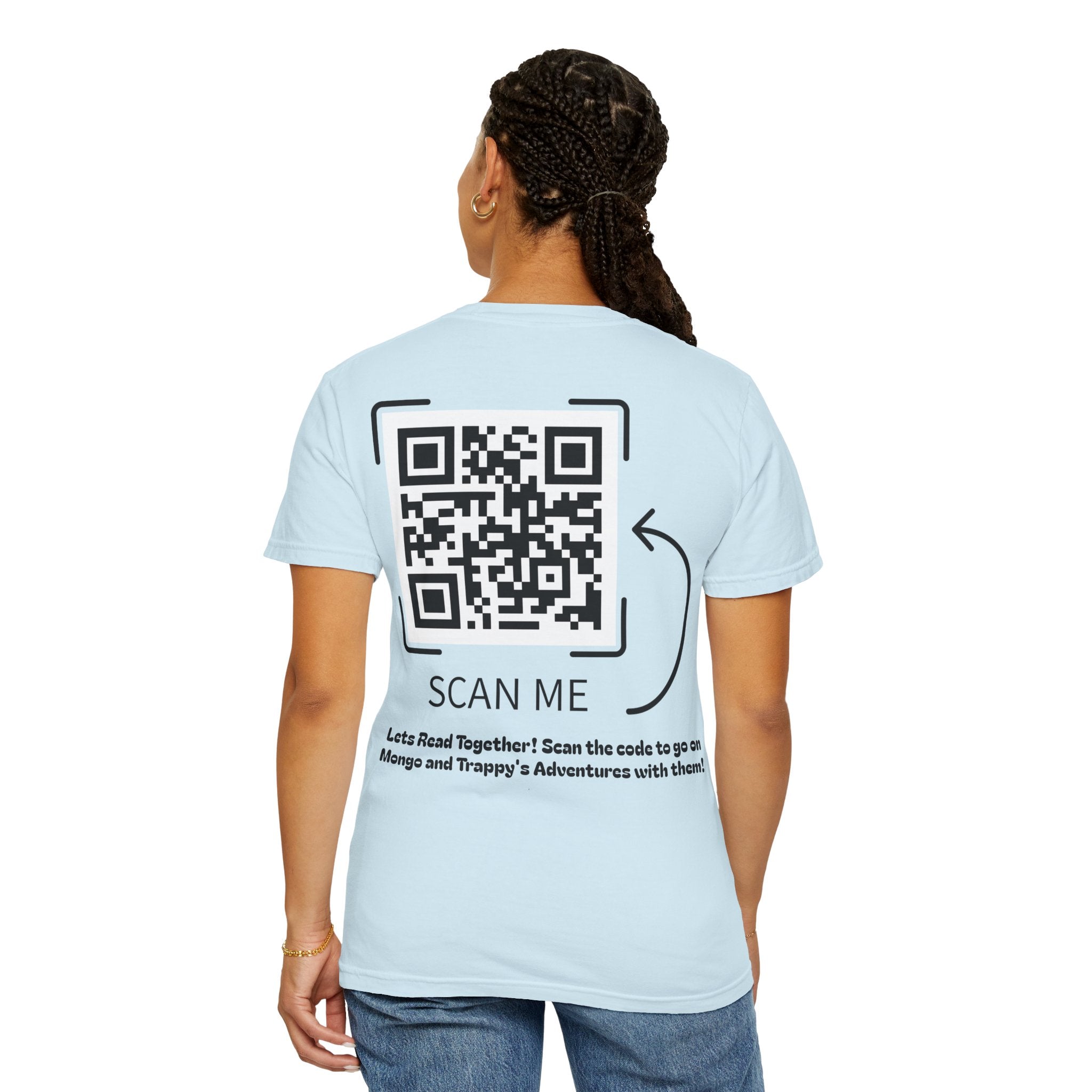 Adventures of Mongo & Trappy T-Shirt — Illustrated Dog Book Cover Tee with QR Code