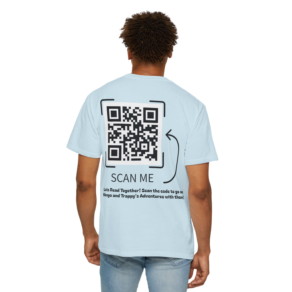 Adventures of Mongo & Trappy T-Shirt — Illustrated Dog Book Cover Tee with QR Code