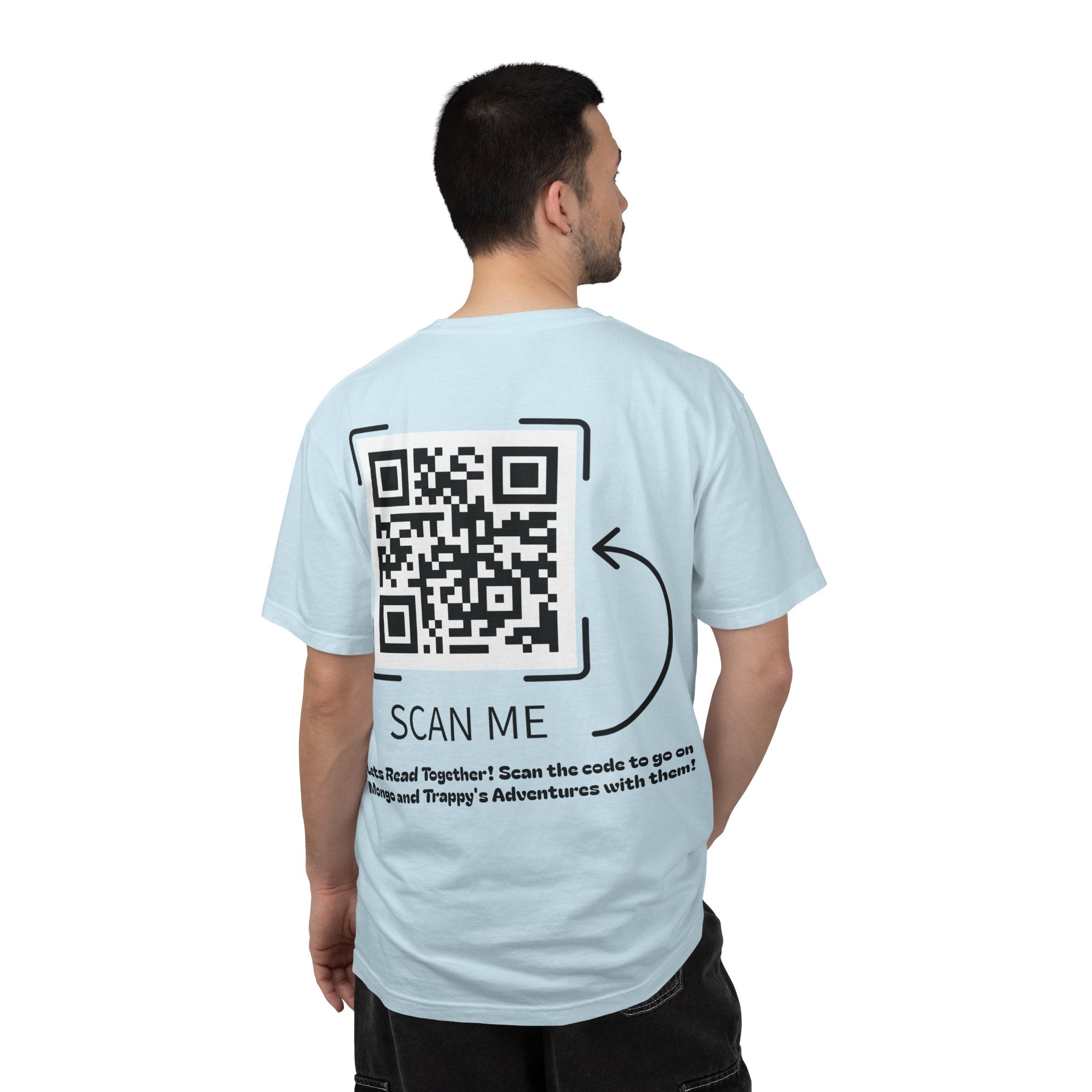 Adventures of Mongo & Trappy T-Shirt — Illustrated Dog Book Cover Tee with QR Code