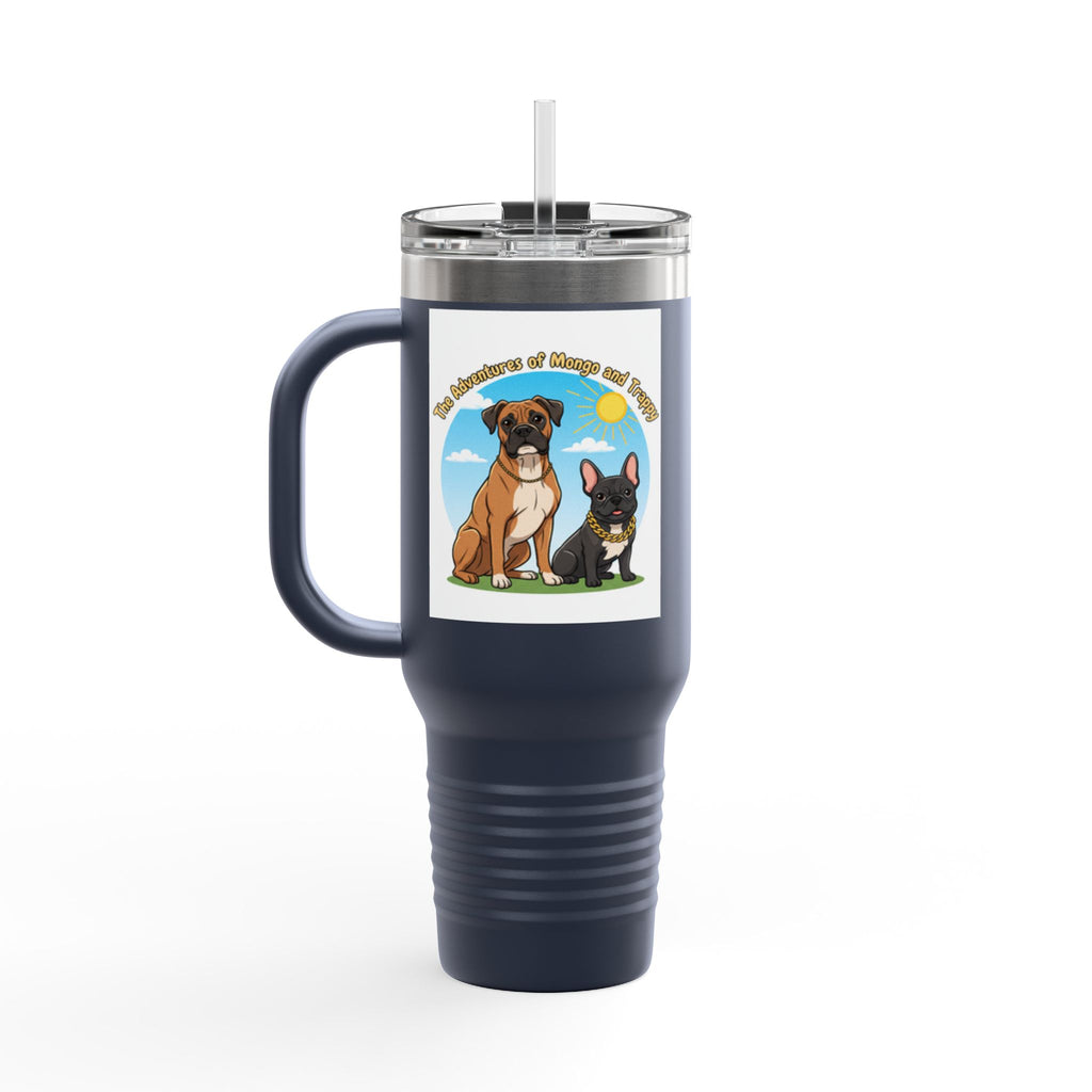 40oz Insulated Travel Mug — "My Adventures with Mongo and Trapper" Dog Portrait Tumbler