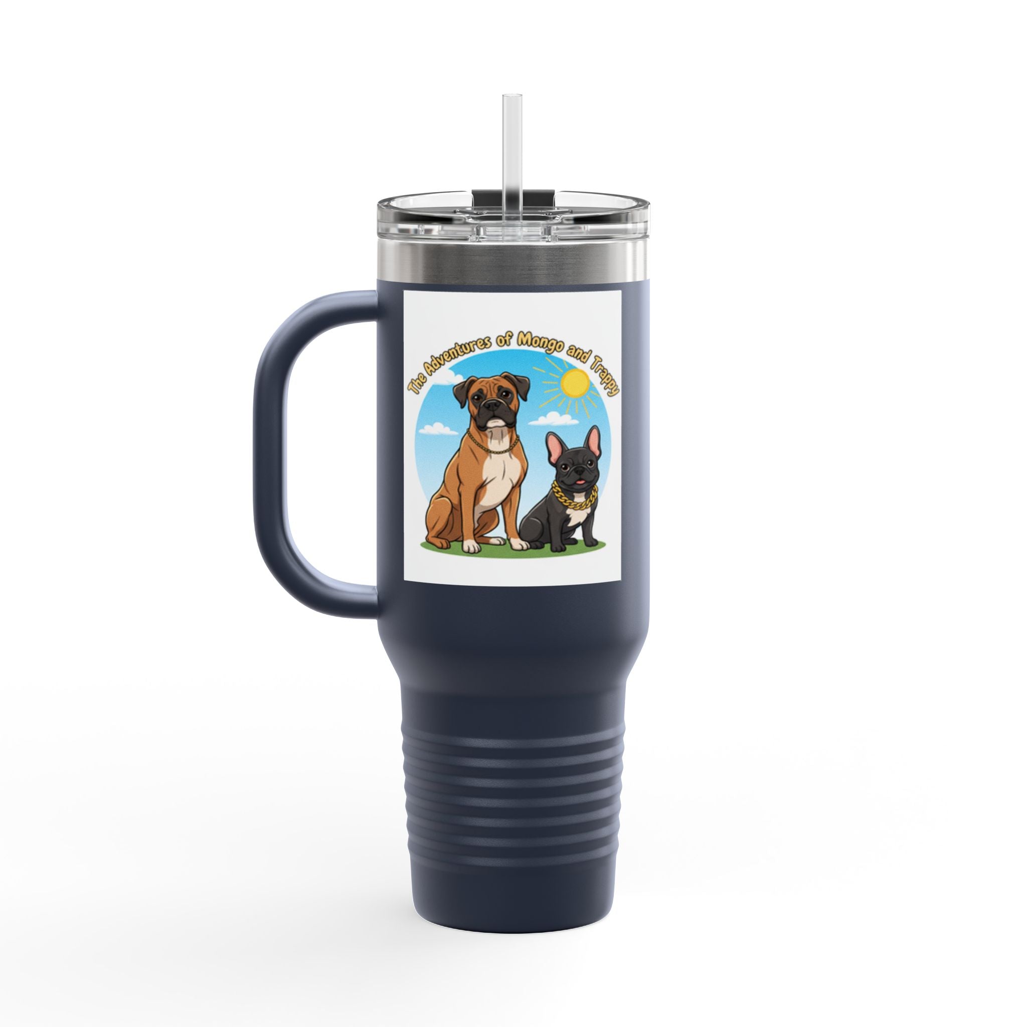 40oz Insulated Travel Mug — "My Adventures with Mongo and Trapper" Dog Portrait Tumbler