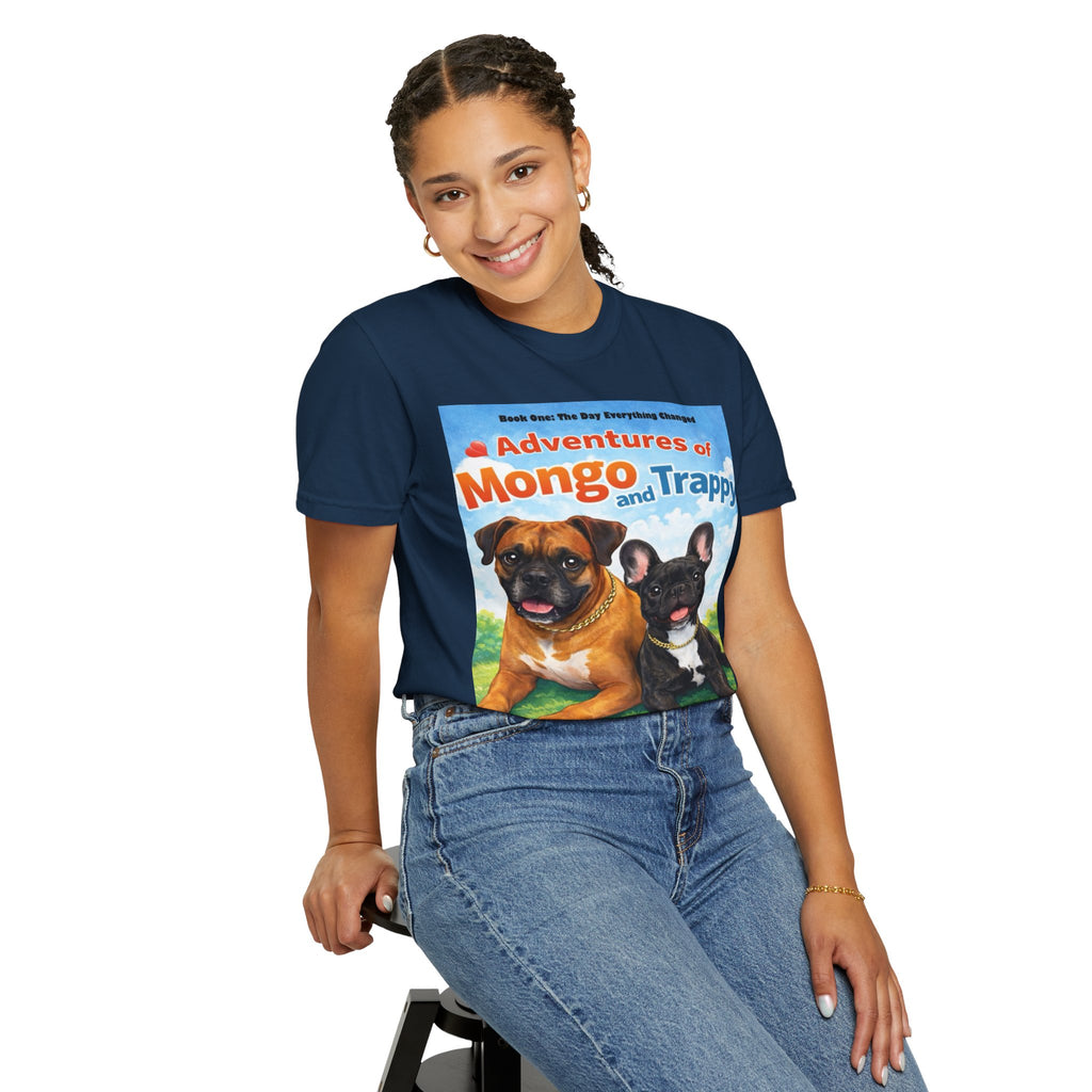 Adventures of Mongo & Trappy T-Shirt — Illustrated Dog Book Cover Tee with QR Code