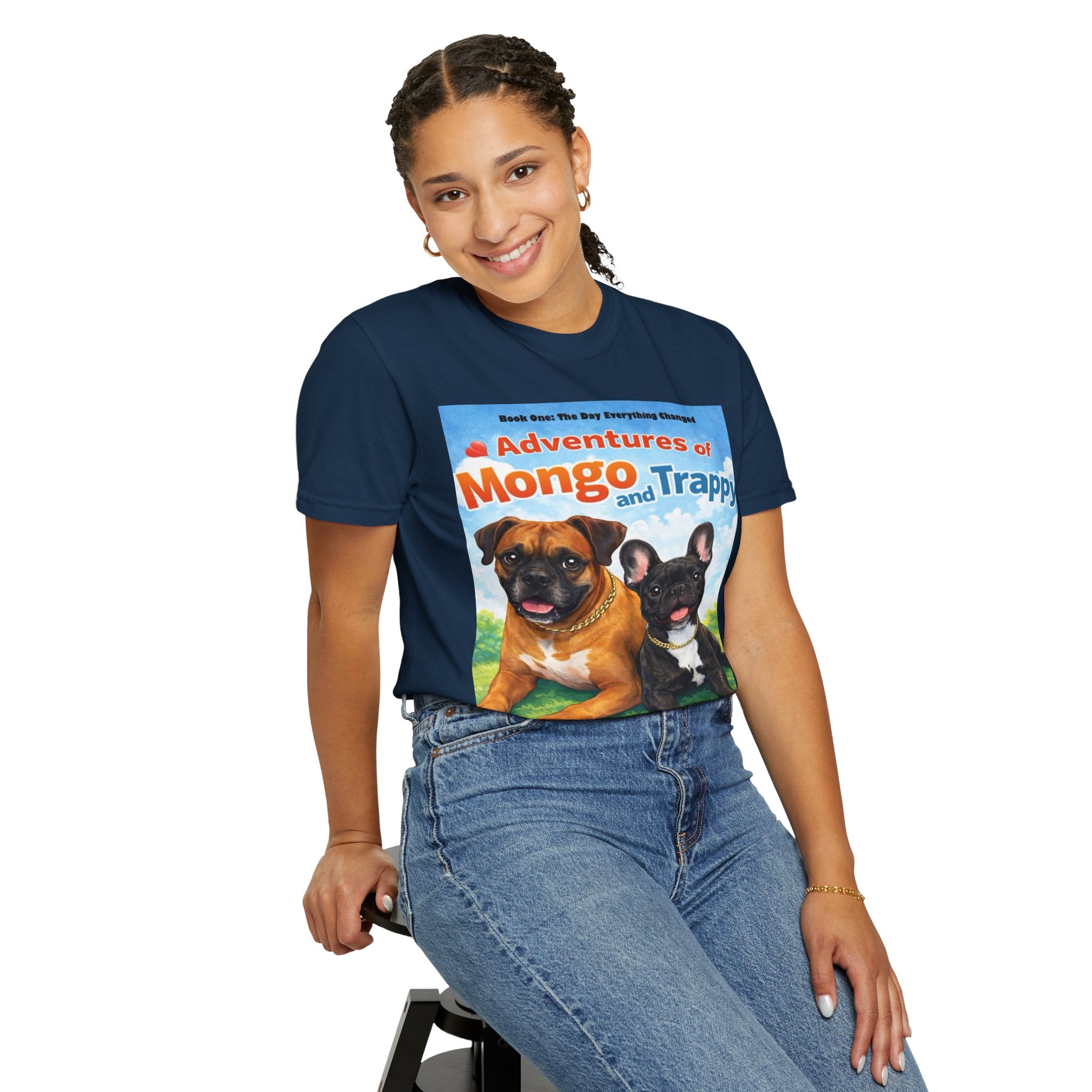 Adventures of Mongo & Trappy T-Shirt — Illustrated Dog Book Cover Tee with QR Code