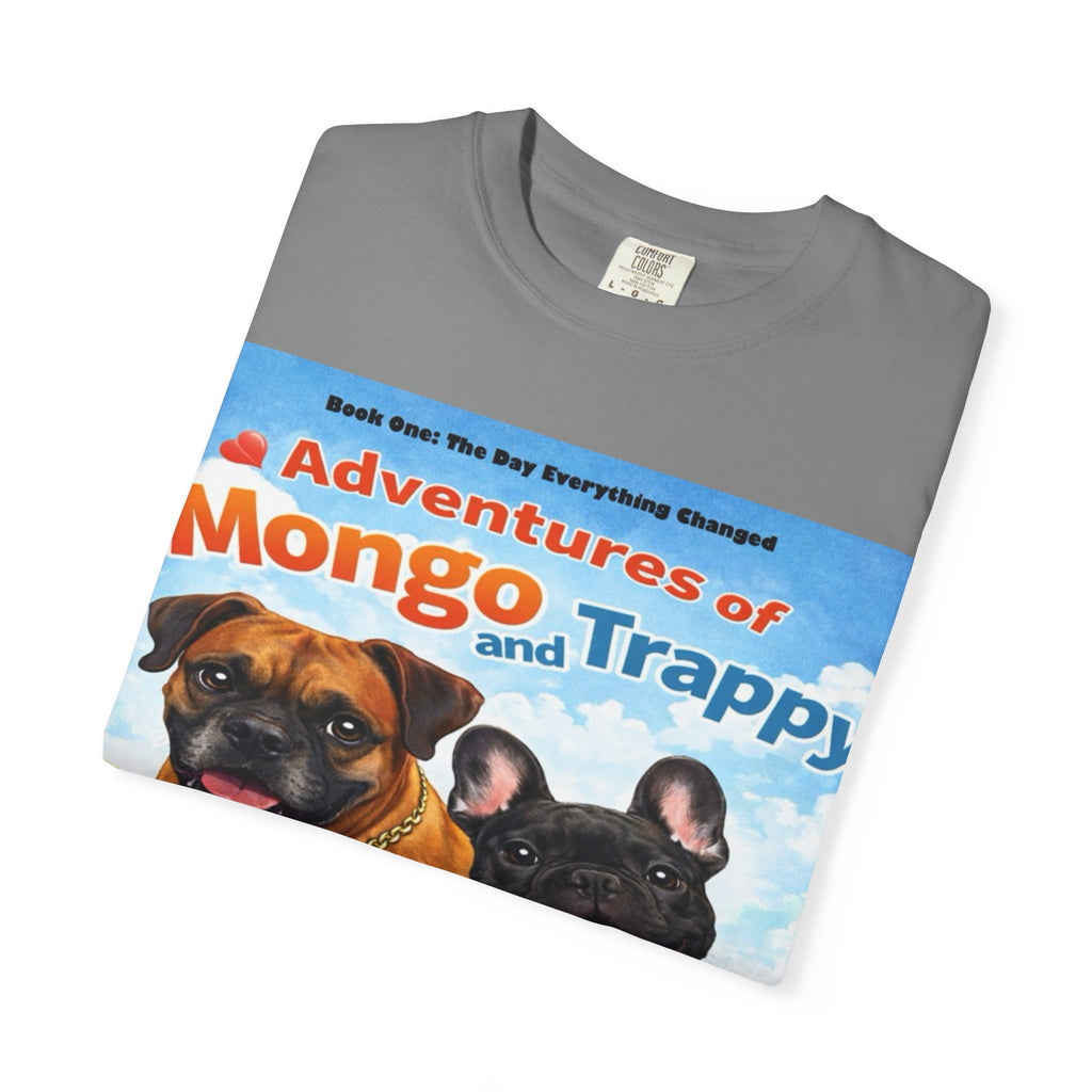 Adventures of Mongo & Trappy T-Shirt — Illustrated Dog Book Cover Tee with QR Code